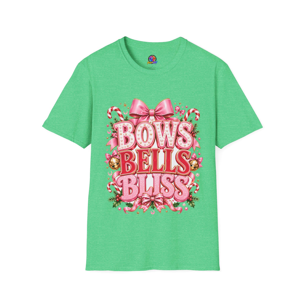 Bows Bells Bliss Christmas T‑Shirt — Pink Holiday Bow Graphic