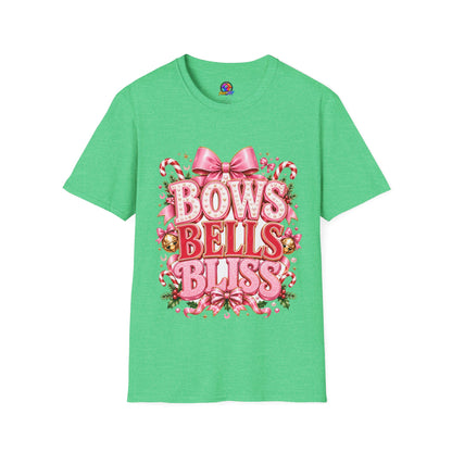 Bows Bells Bliss Christmas T‑Shirt — Pink Holiday Bow Graphic