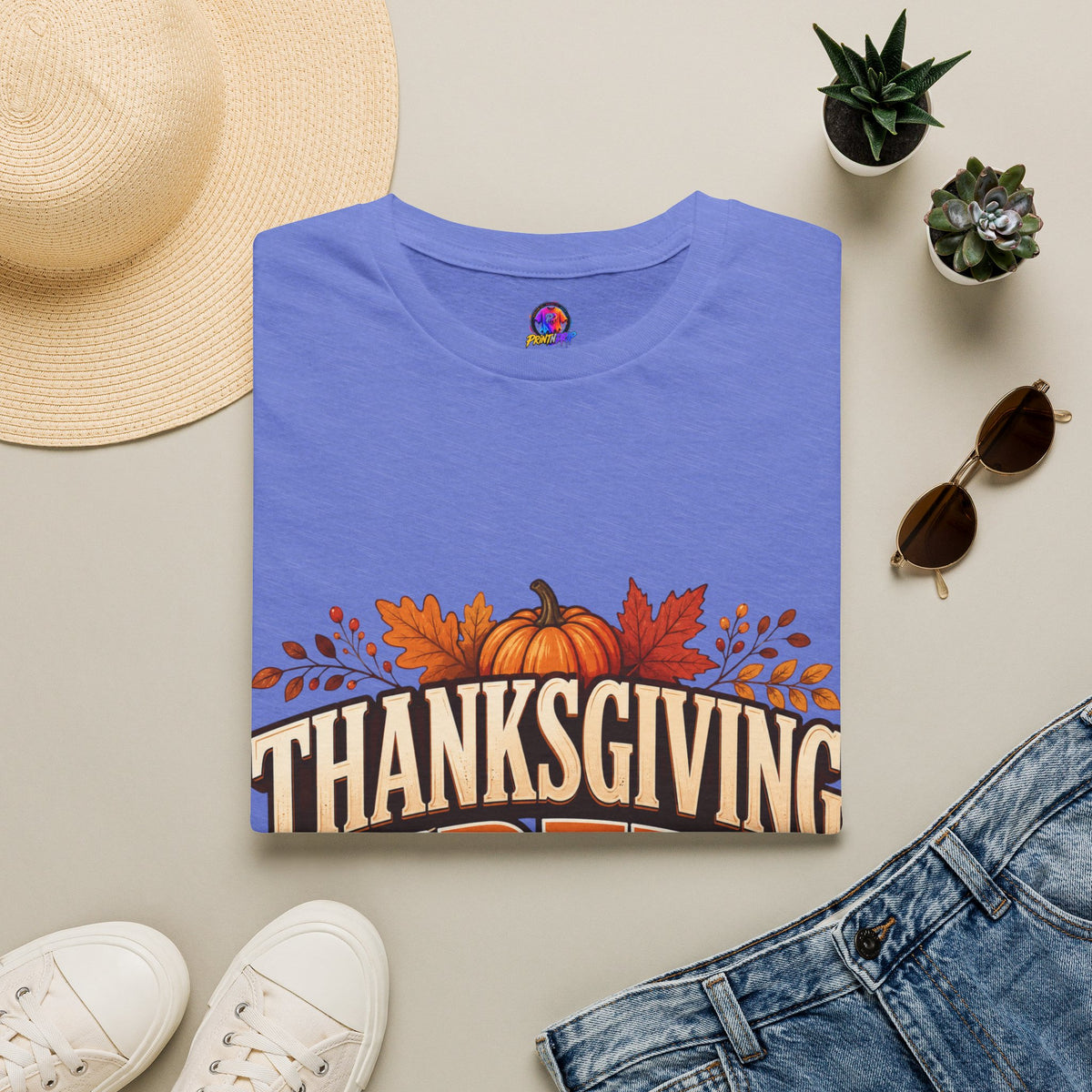 Thanksgiving T-Shirt Crew T-Shirt— Festive Pumpkin & Fall Leaves Holiday Tee