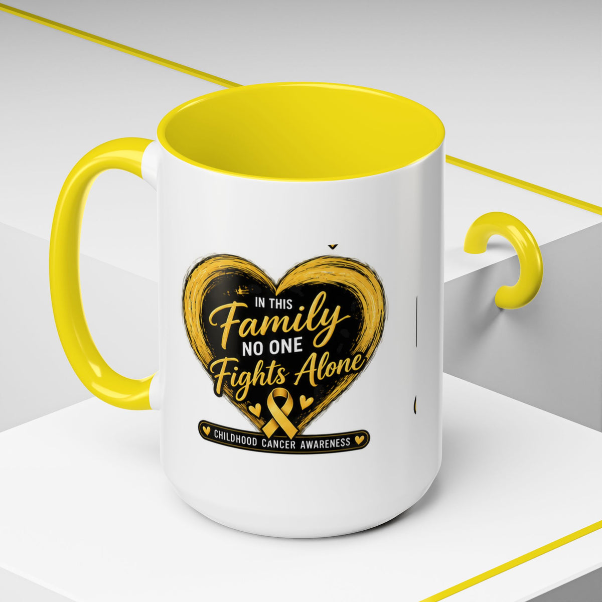 Childhood Cancer Awareness Accent Coffee Mug — "In This Family No One Fights Alone"