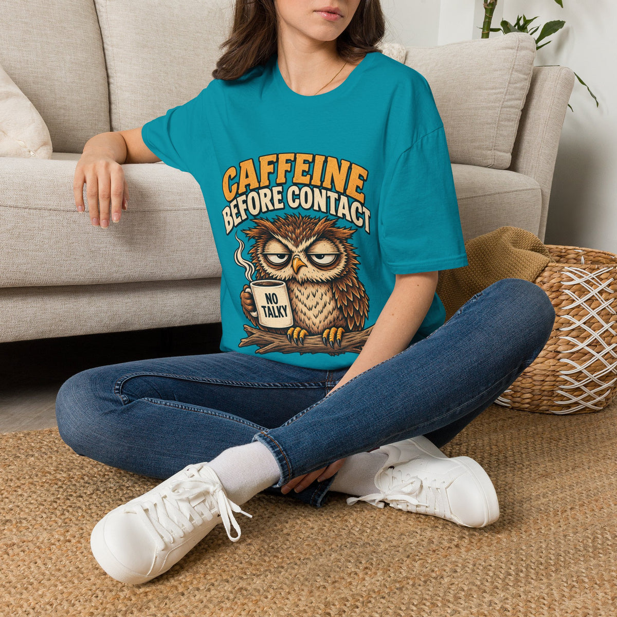 Caffeine Before Contact T-Shirt — Funny Owl Coffee Tee (No Talky)