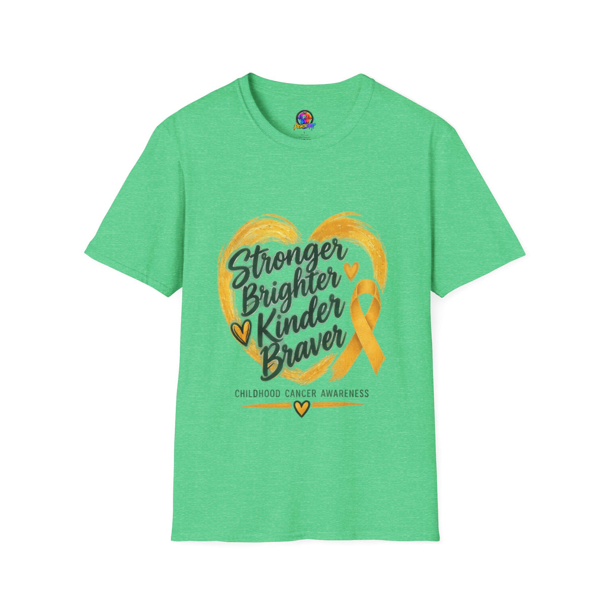 Childhood Cancer Awareness T-Shirt — "Stronger Brighter Kinder Braver" Gold Ribbon