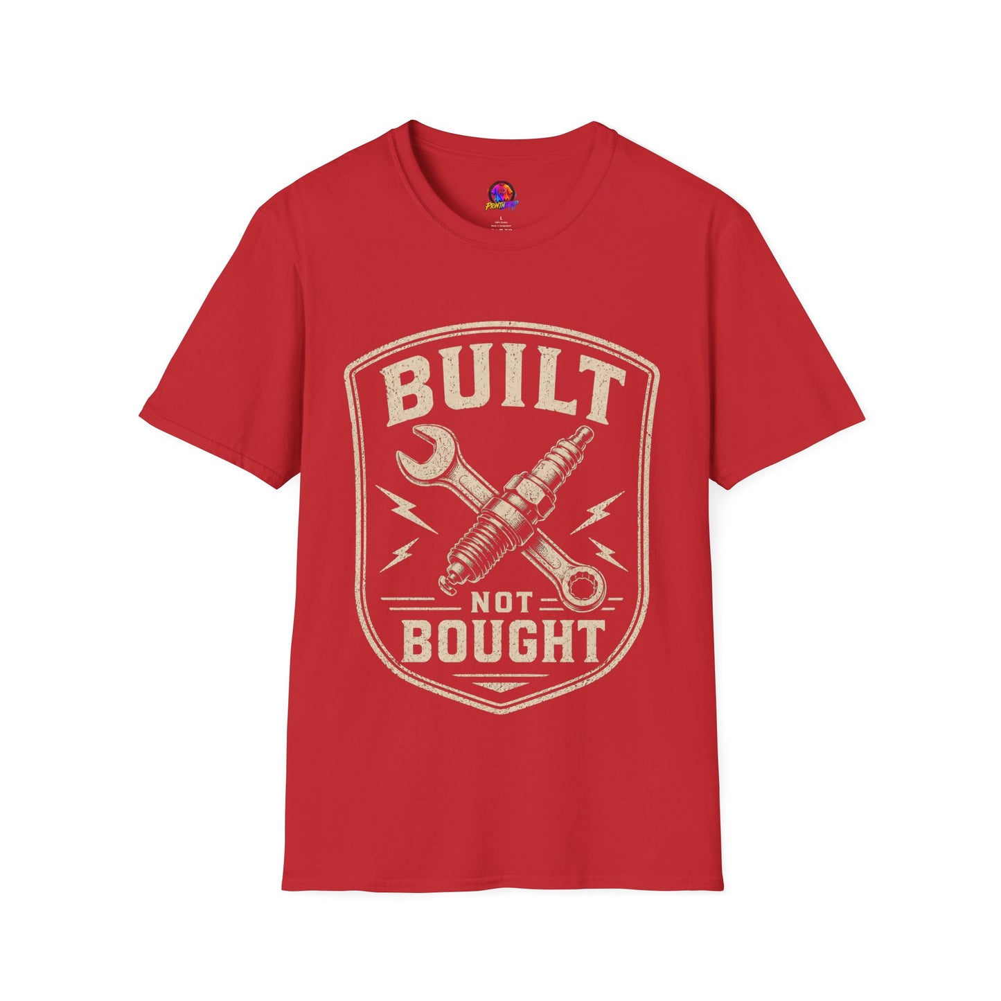 Built Not Bought T-Shirt — Vintage Mechanic Wrench & Spark Plug Design