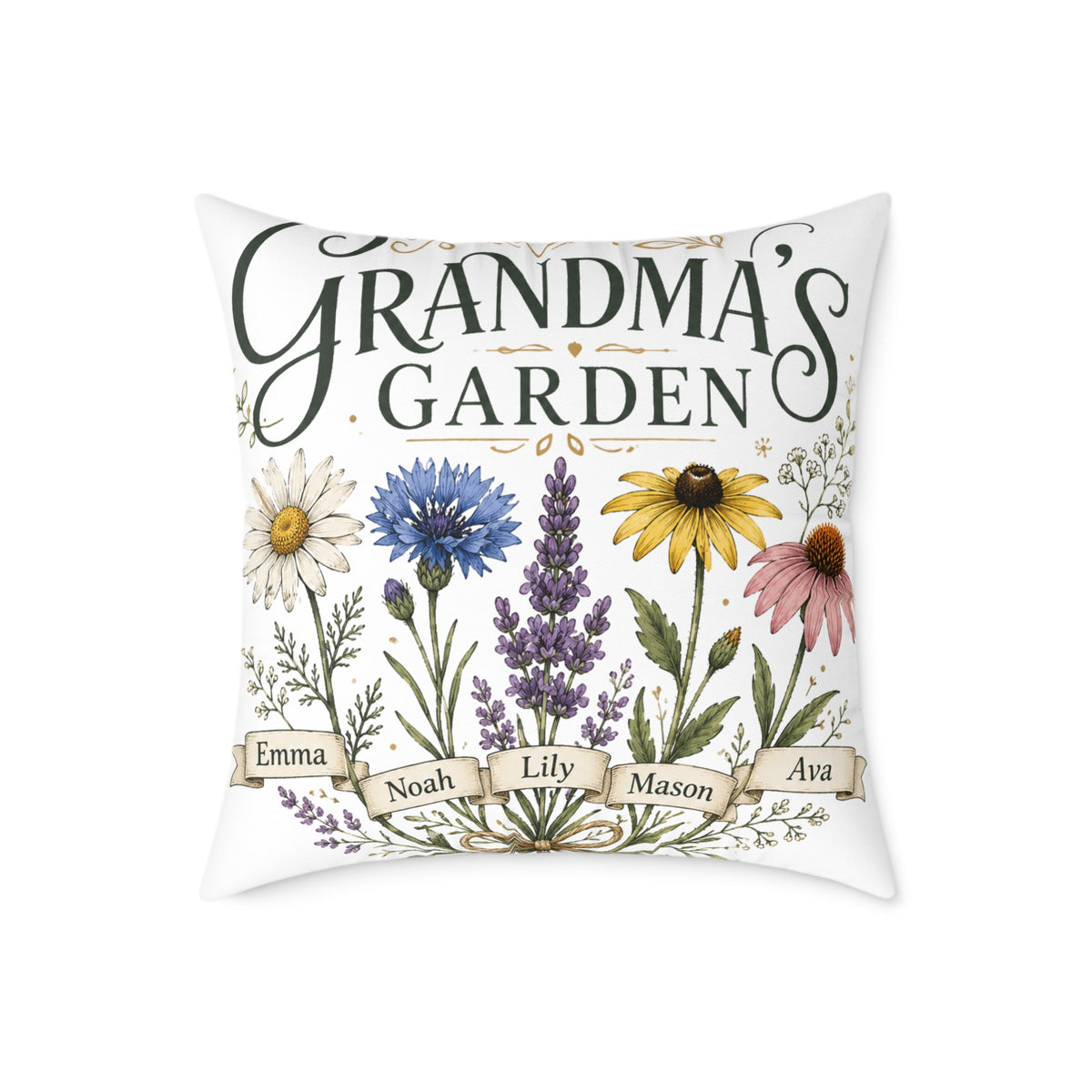Grandma's Garden Floral Throw Pillow  Milo Bailey Dog Dad Mom— Personalized Family Names