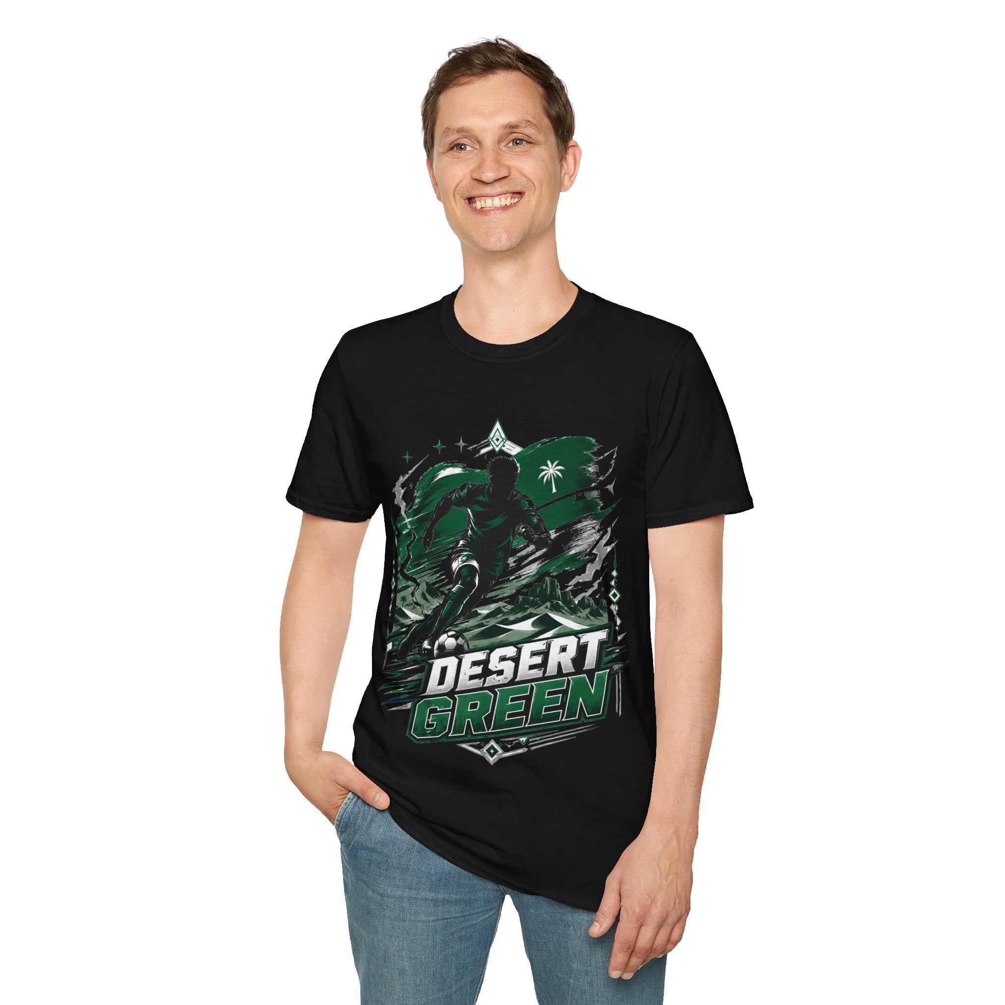 Saudi Arabia Desert Green Soccer T-Shirt — Silhouette Player Graphic
