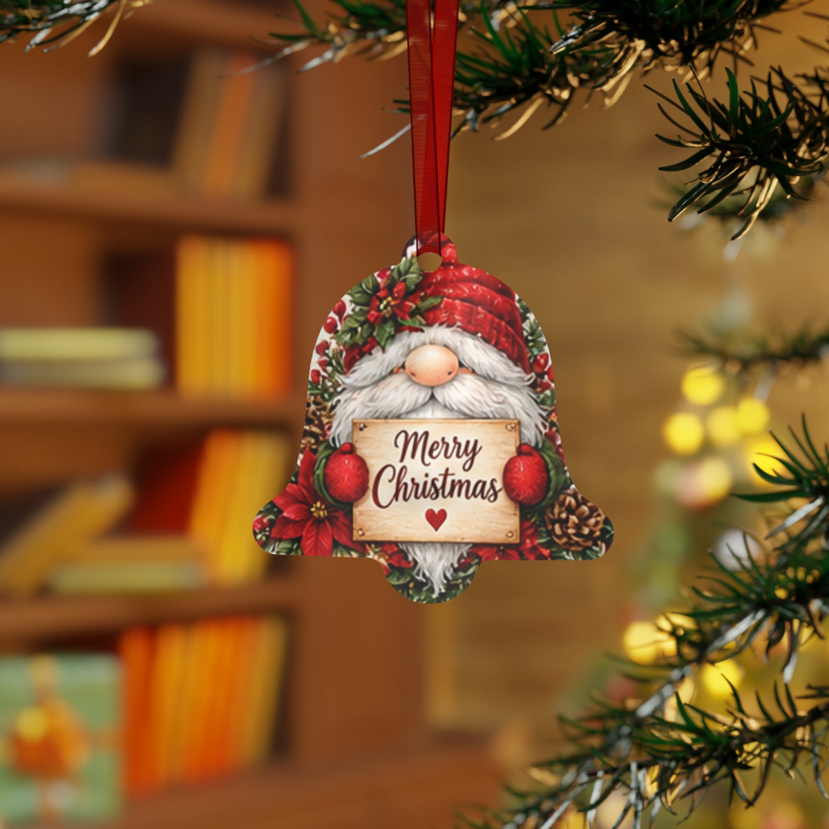 Gnome "Merry Christmas" Metal Bell Ornament — Festive Holiday Tree Decoration