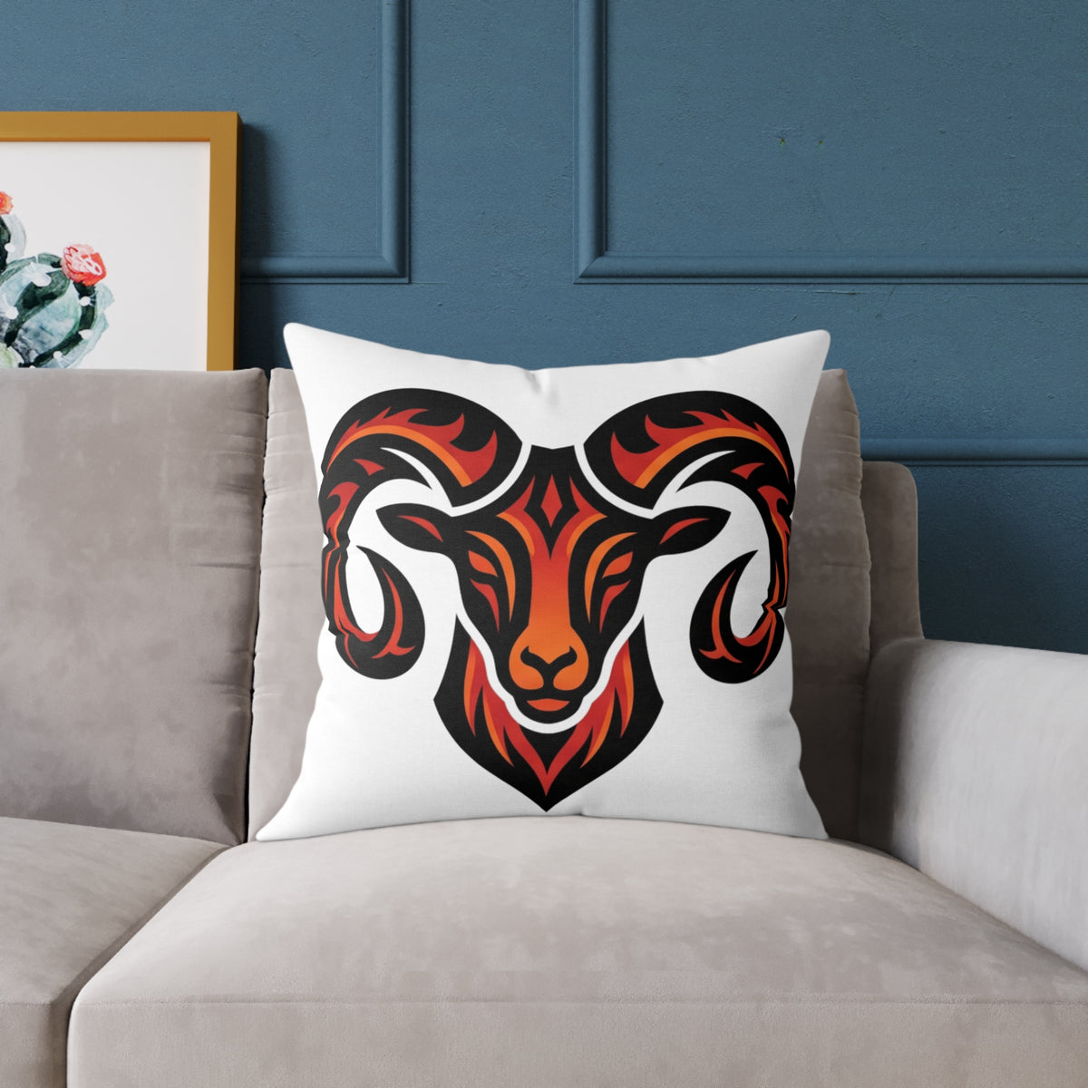 Aries Zodiac Ram Head Throw Pillow — Tribal Flame Goat Design Decorative Cushion