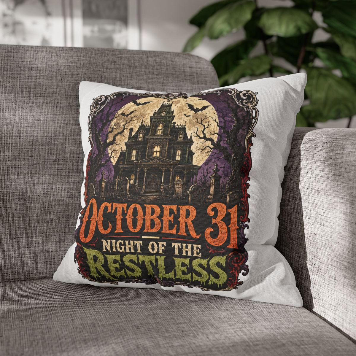 Halloween Pillowcase — "October 31 Night of the Restless" Haunted House Throw Pillow