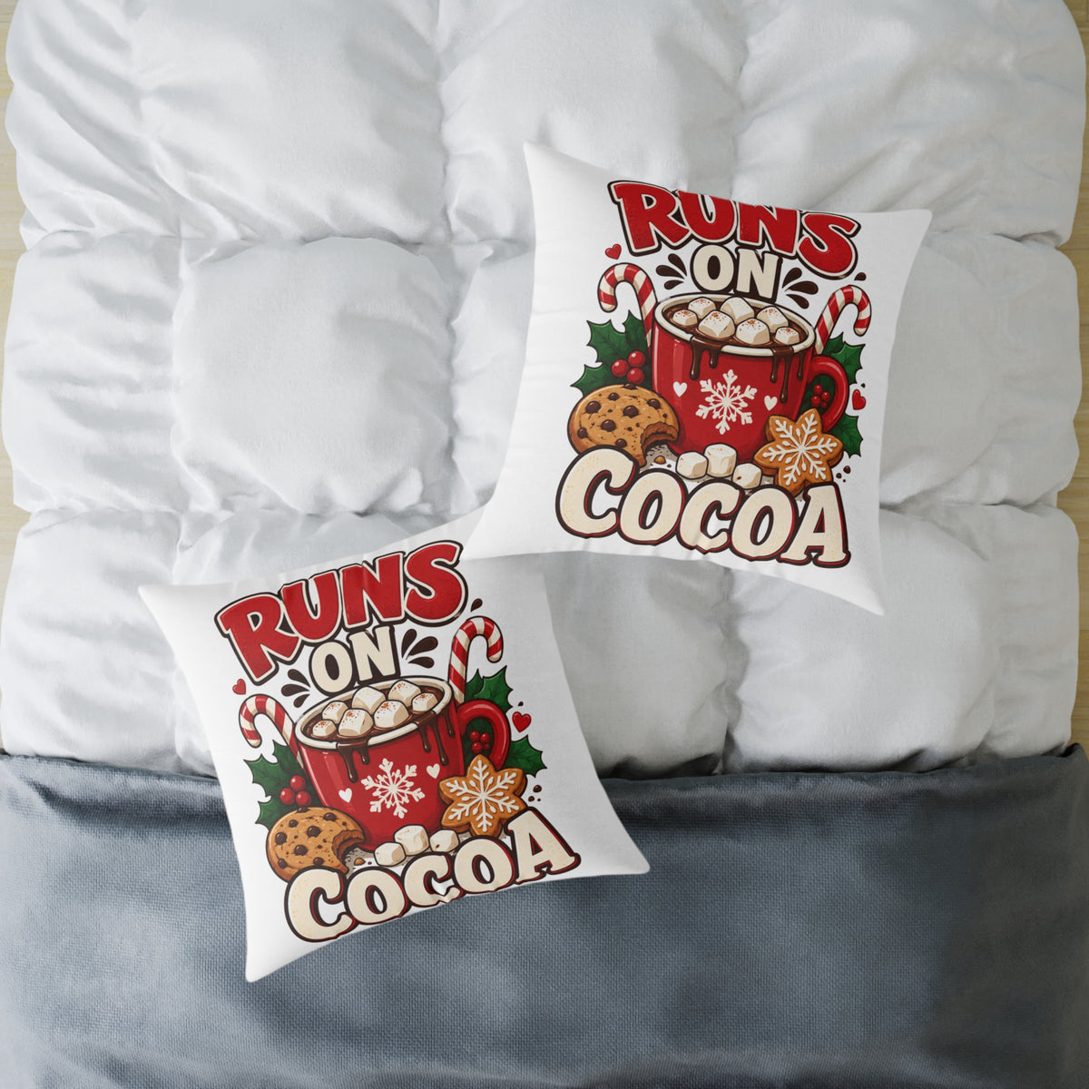 Christmas Square Pillow - "Runs on Cocoa" Holiday Hot Chocolate Decorative Throw Pillow