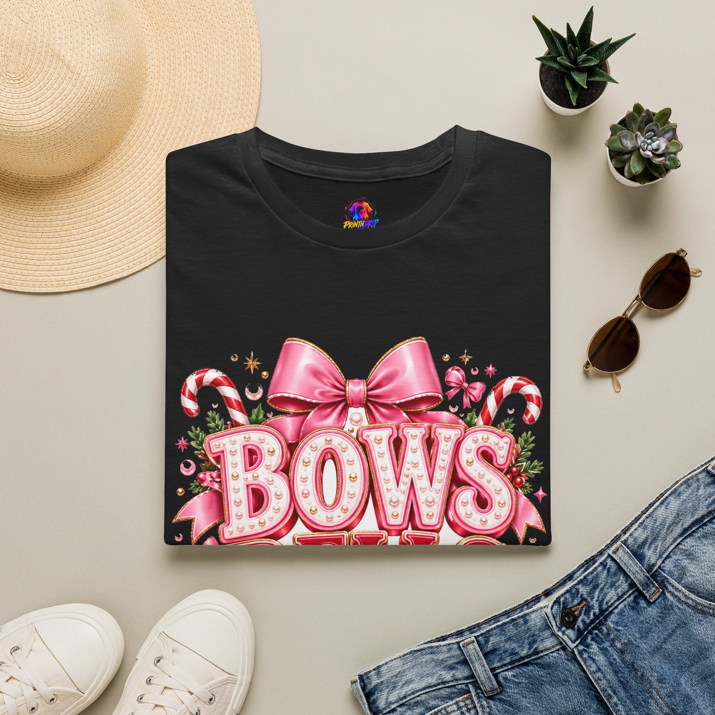 Bows Bells Bliss Christmas T‑Shirt — Pink Holiday Bow Graphic