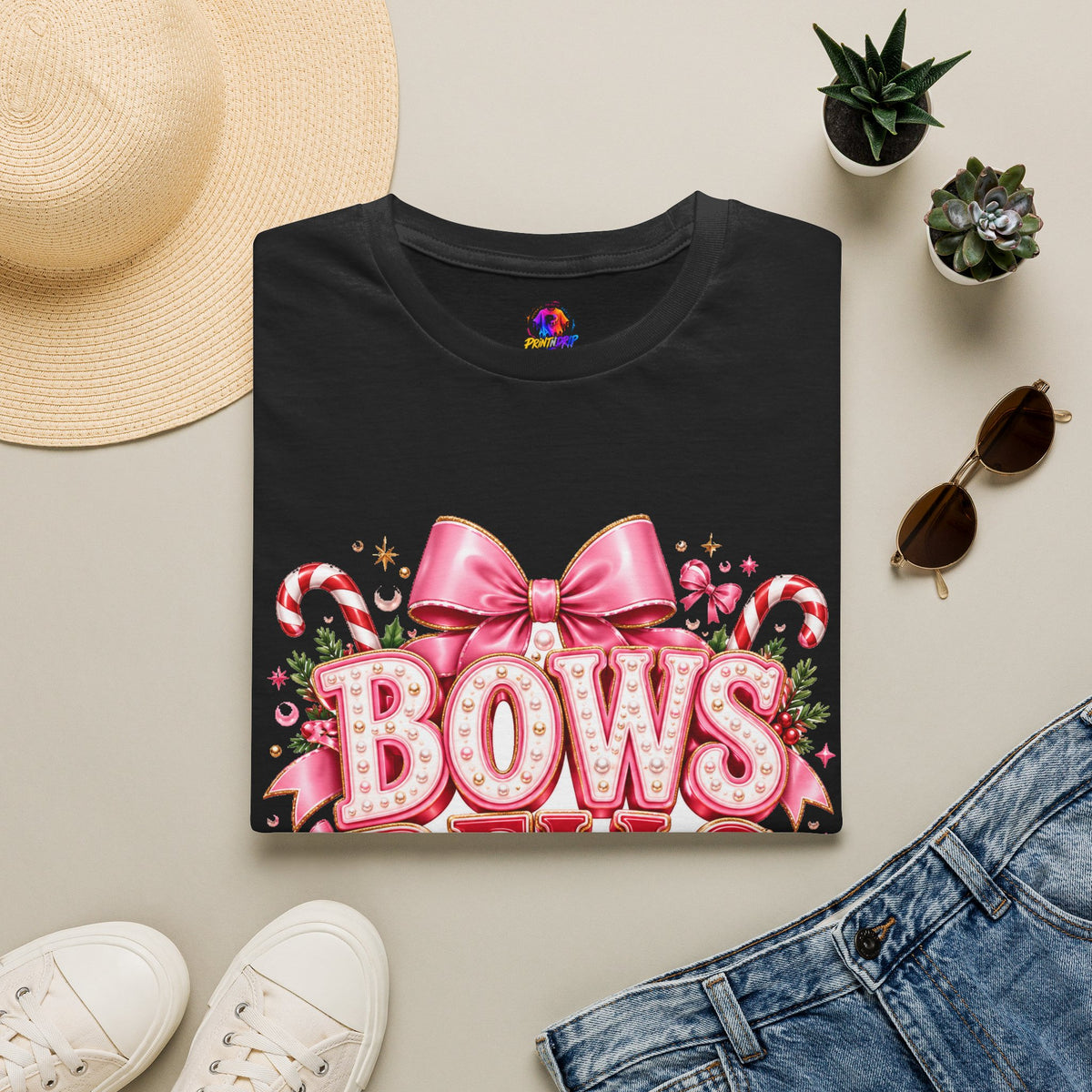 Bows Bells Bliss Christmas T‑Shirt — Pink Holiday Bow Graphic