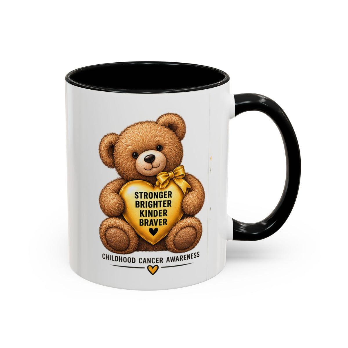Childhood Cancer Awareness Coffee Mug — 'Stronger Brighter Kinder Braver' Teddy