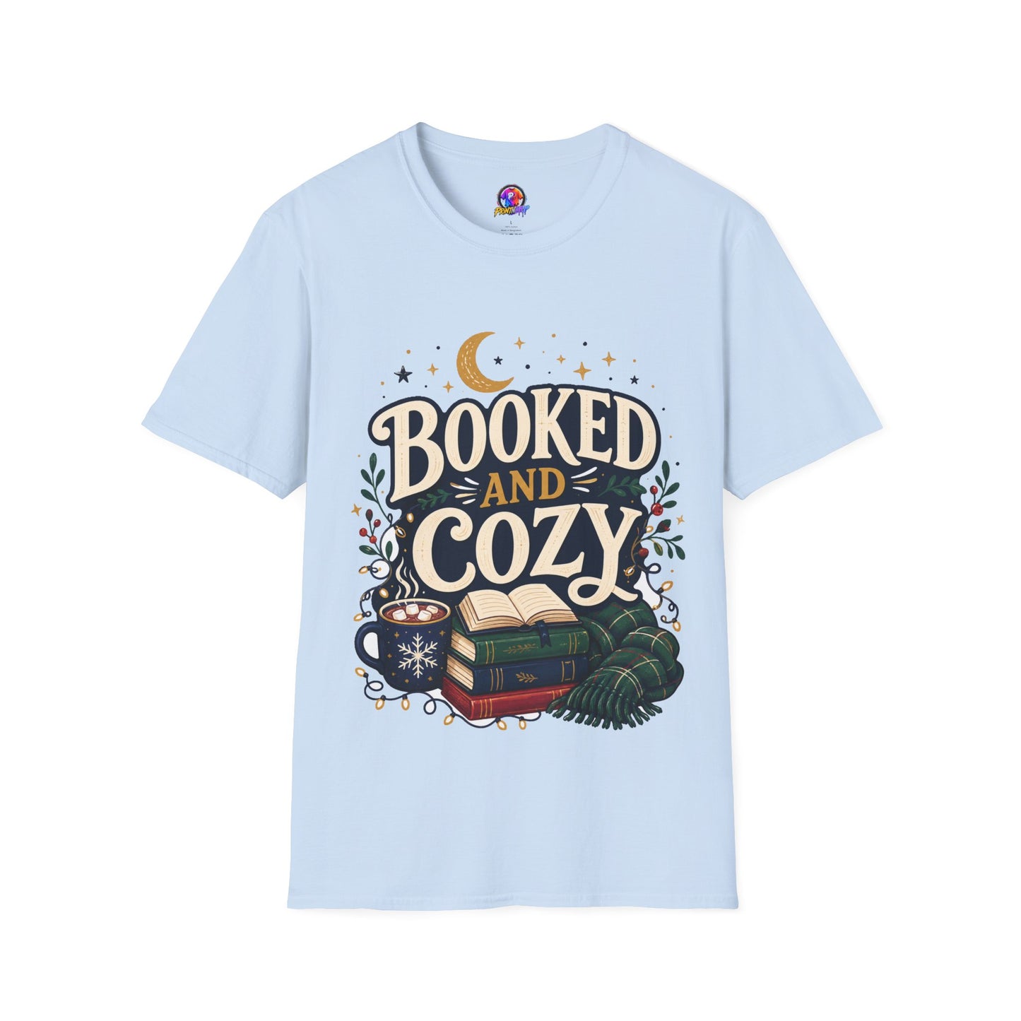Booked and Cozy T-Shirt — Cozy Reading Graphic Tee (Books, Moon & Stars)
