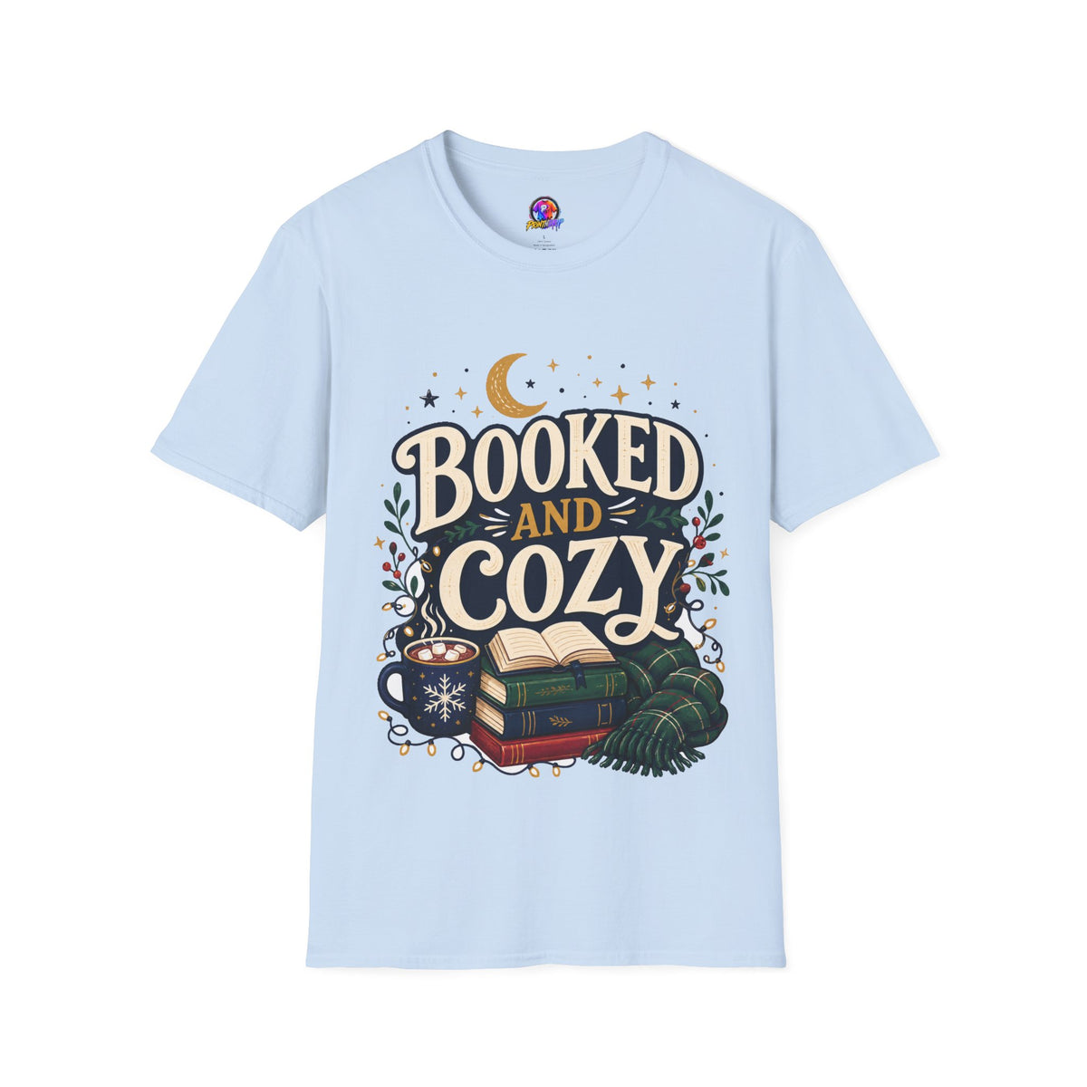 Booked and Cozy T-Shirt — Cozy Reading Graphic Tee (Books, Moon & Stars)