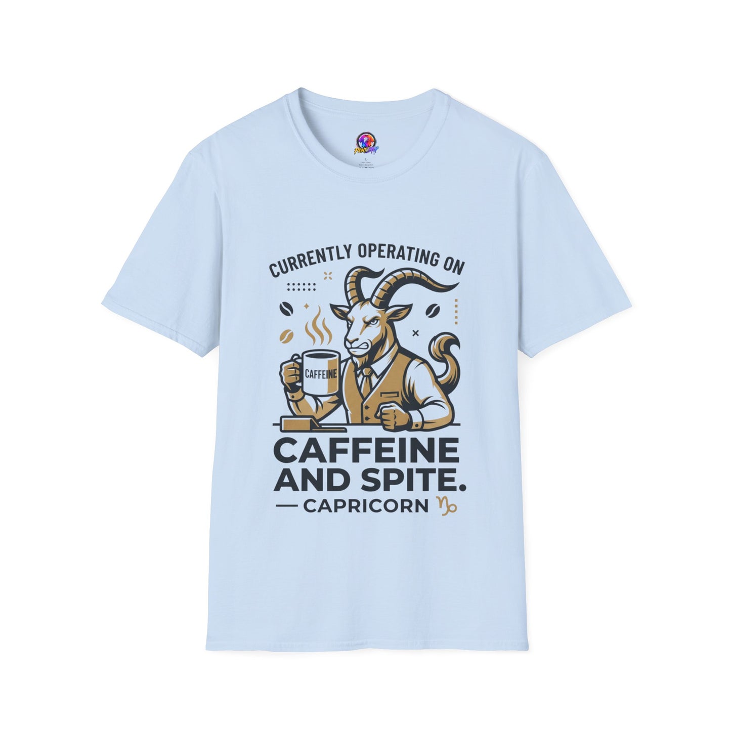 Capricorn T-Shirt — "Currently Operating on Caffeine and Spite" Zodiac Goat Tee