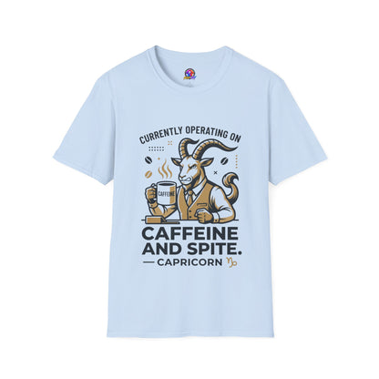 Capricorn T-Shirt — "Currently Operating on Caffeine and Spite" Zodiac Goat Tee