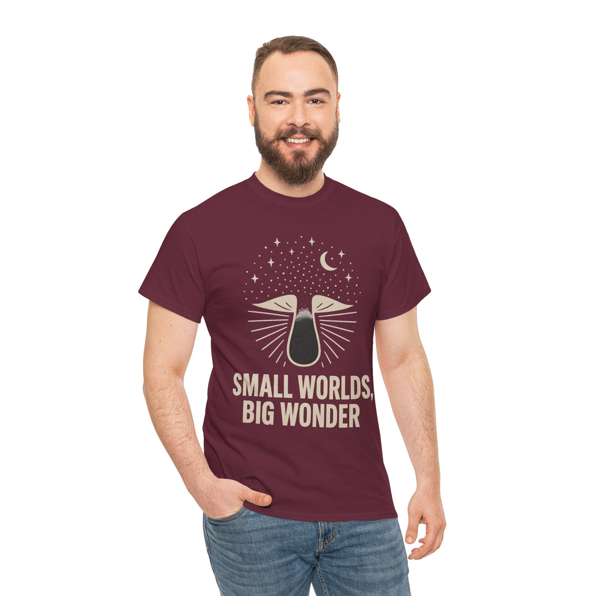 Small Worlds Big Wonder Celestial Mushroom Tee - Aesthetic Nature T-Shirt - Trending Now - September 2026