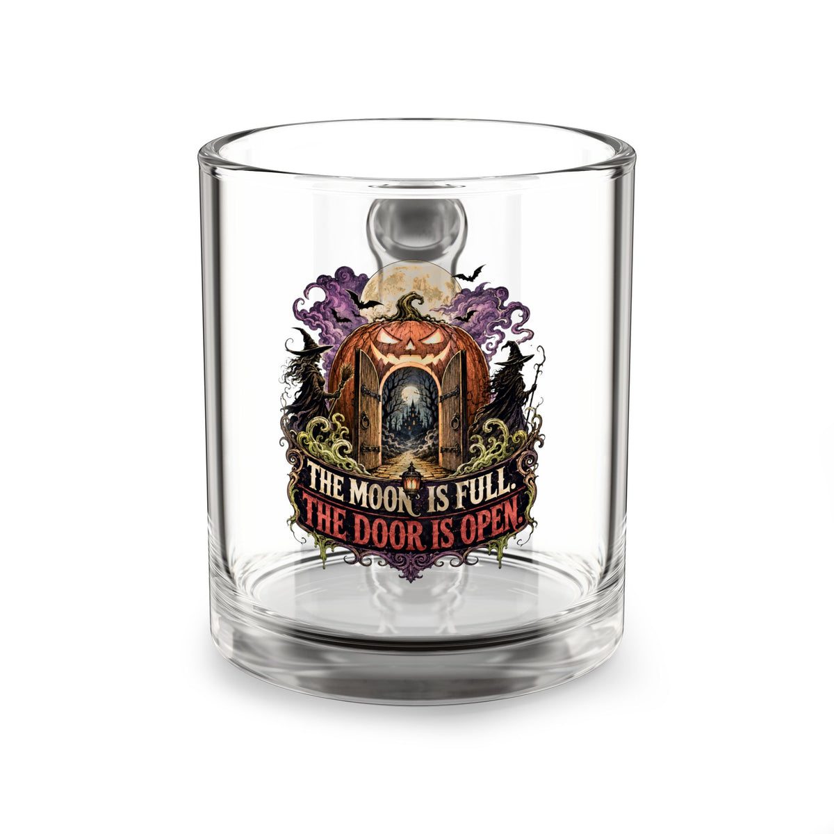Halloween Glass Mug 10 oz  Glass Mug — Halloween Pumpkin Door Illustration, "The Moon Is Full, The Door Is Open" 10oz