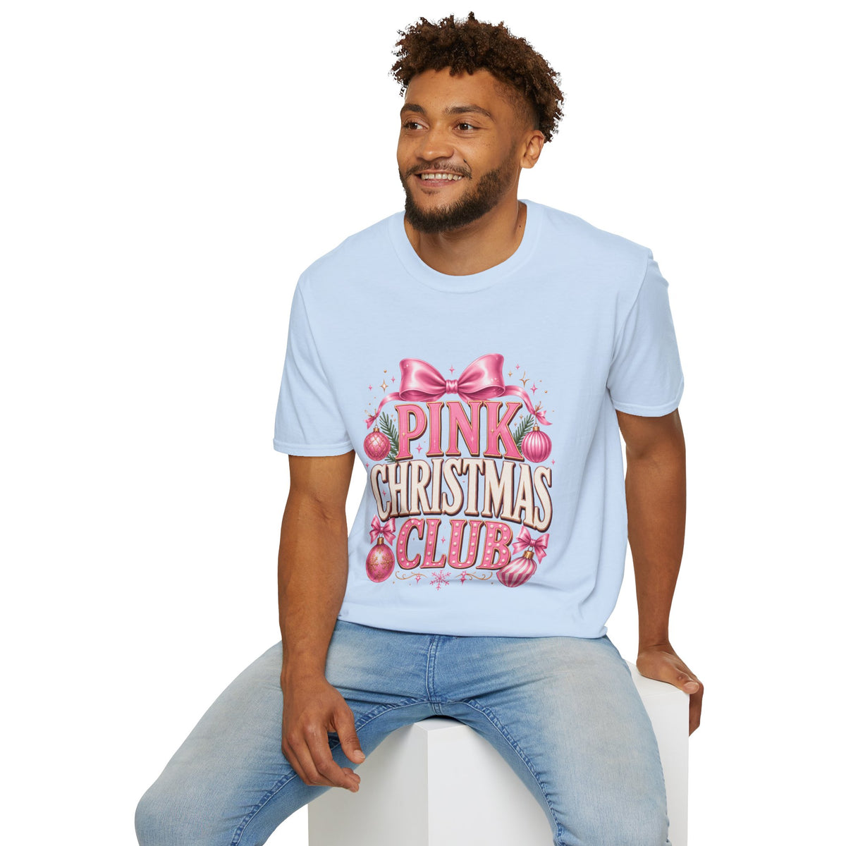 Pink Christmas Club T-Shirt — Womens Festive Holiday Tee with Bow & Ornaments