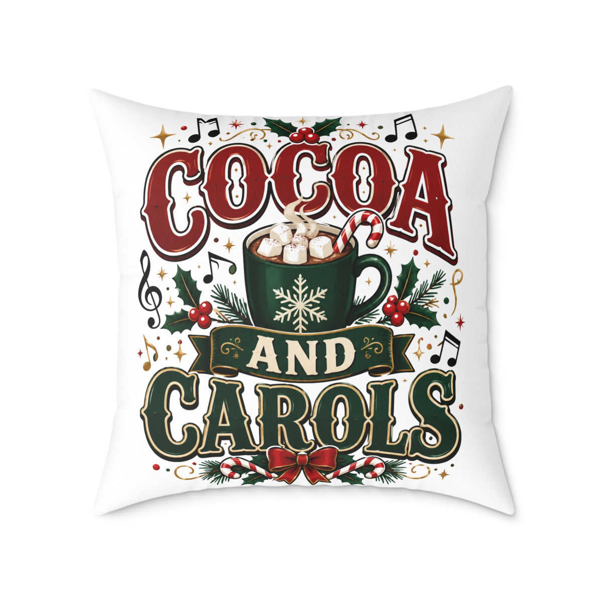 Christmas Cocoa and Carols Square Pillow — Holiday Hot Cocoa Christmas Decor