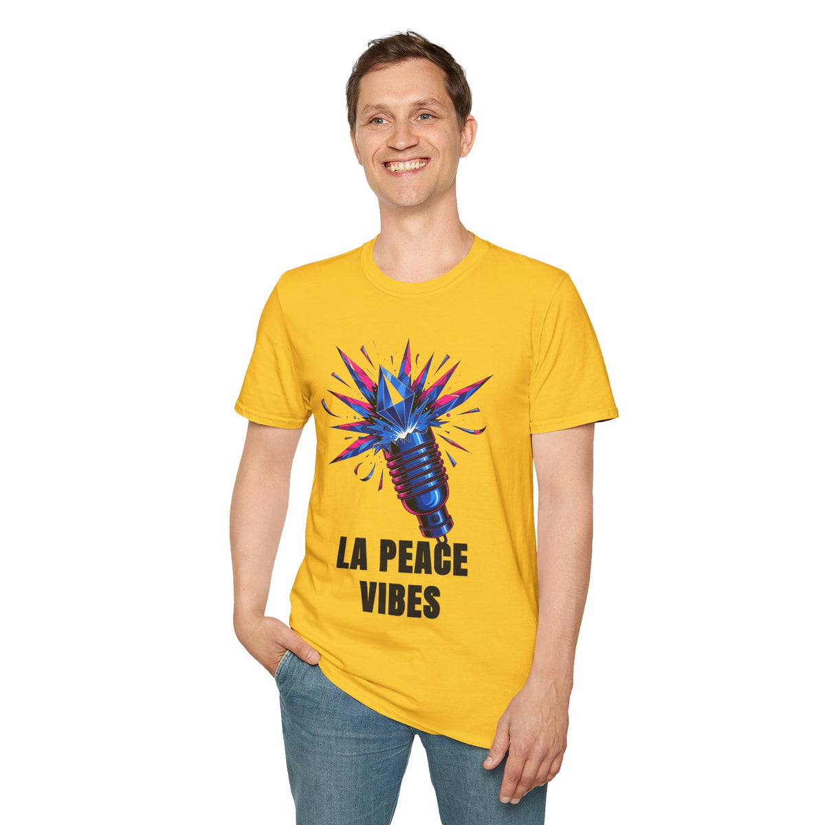 La Peace Vibes Microphone T-Shirt - Retro Pop Art Graphic Tee - Trending Now - September 2026