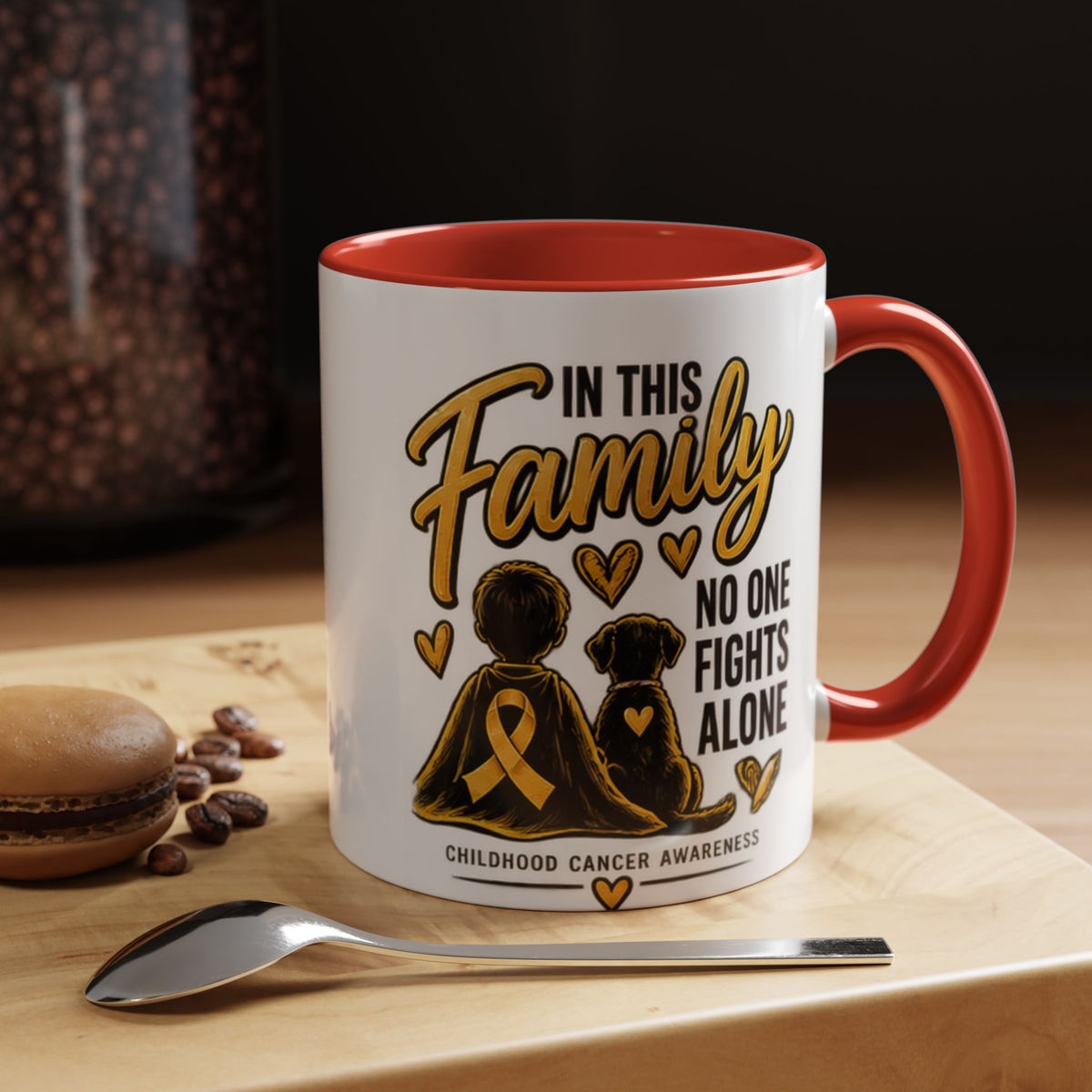 Childhood Cancer Awareness Accent Coffee Mug – "In This Family No One Fights Alone" (11/15oz)