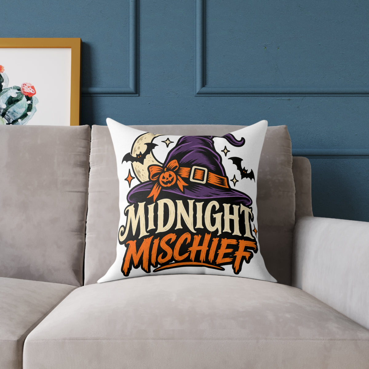 Midnight Mischief Halloween Pillow – Witch Hat & Bats Decorative Throw Pillow