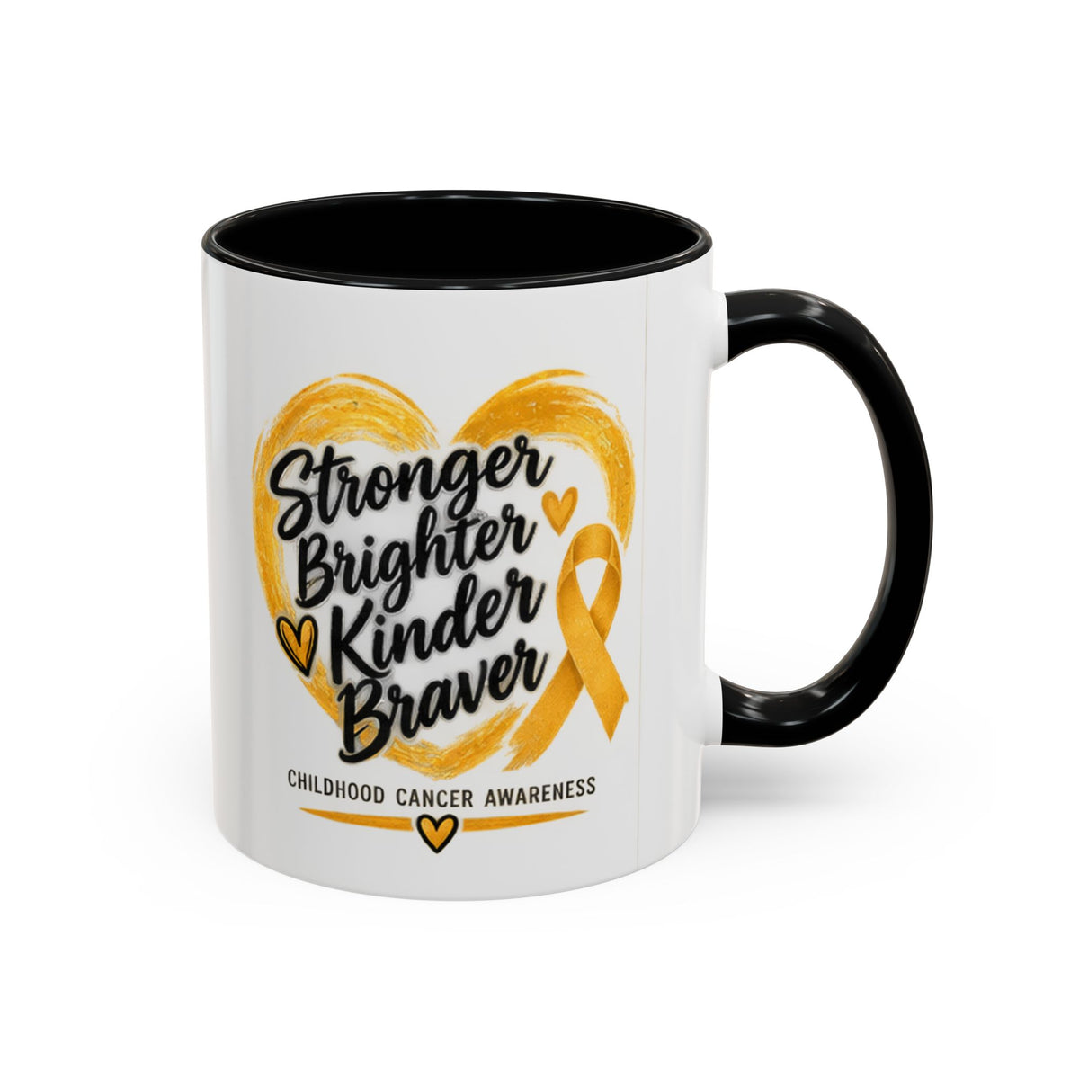 Childhood Cancer Awareness Accent Coffee Mug — "Stronger Brighter Kinder Braver"