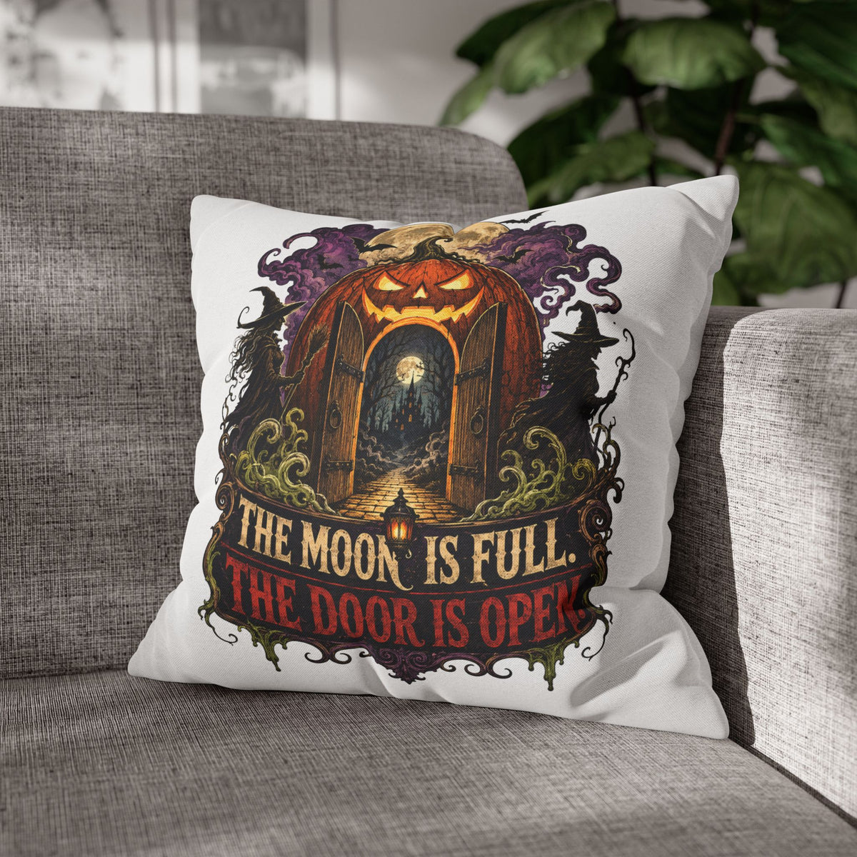 Halloween Pumpkin Door Pillowcase - "The Moon Is Full, The Door Is Open" Spun Polyester Throw Pillow