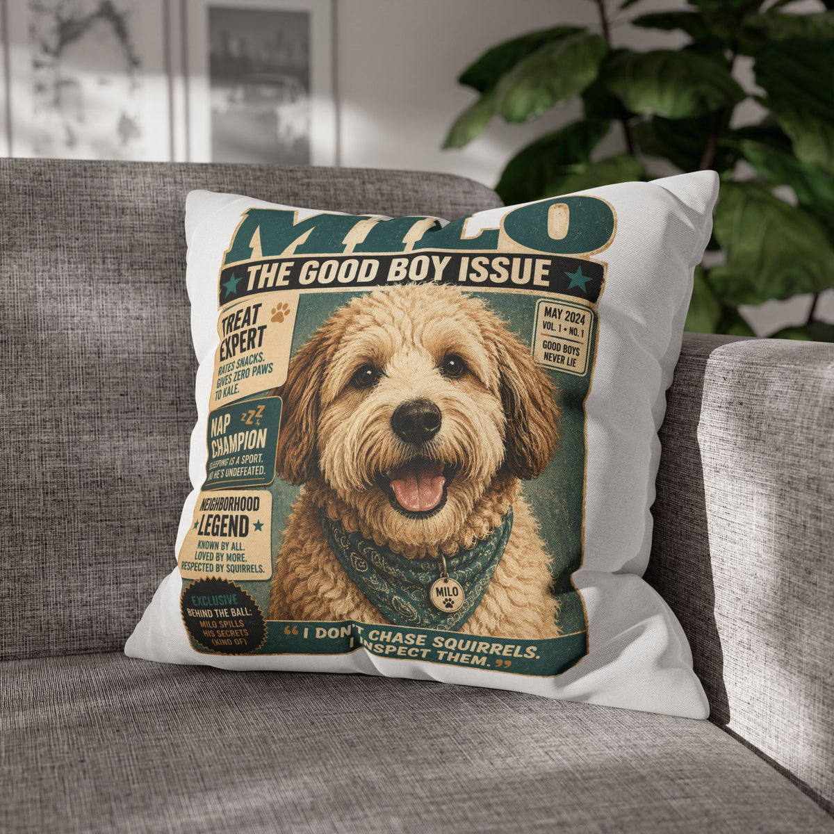 Dog Magazine Cover Pillowcase Milo Bailey Dog Dad Mom– "Milo: The Good Boy Issue" Decorative Throw Pillow