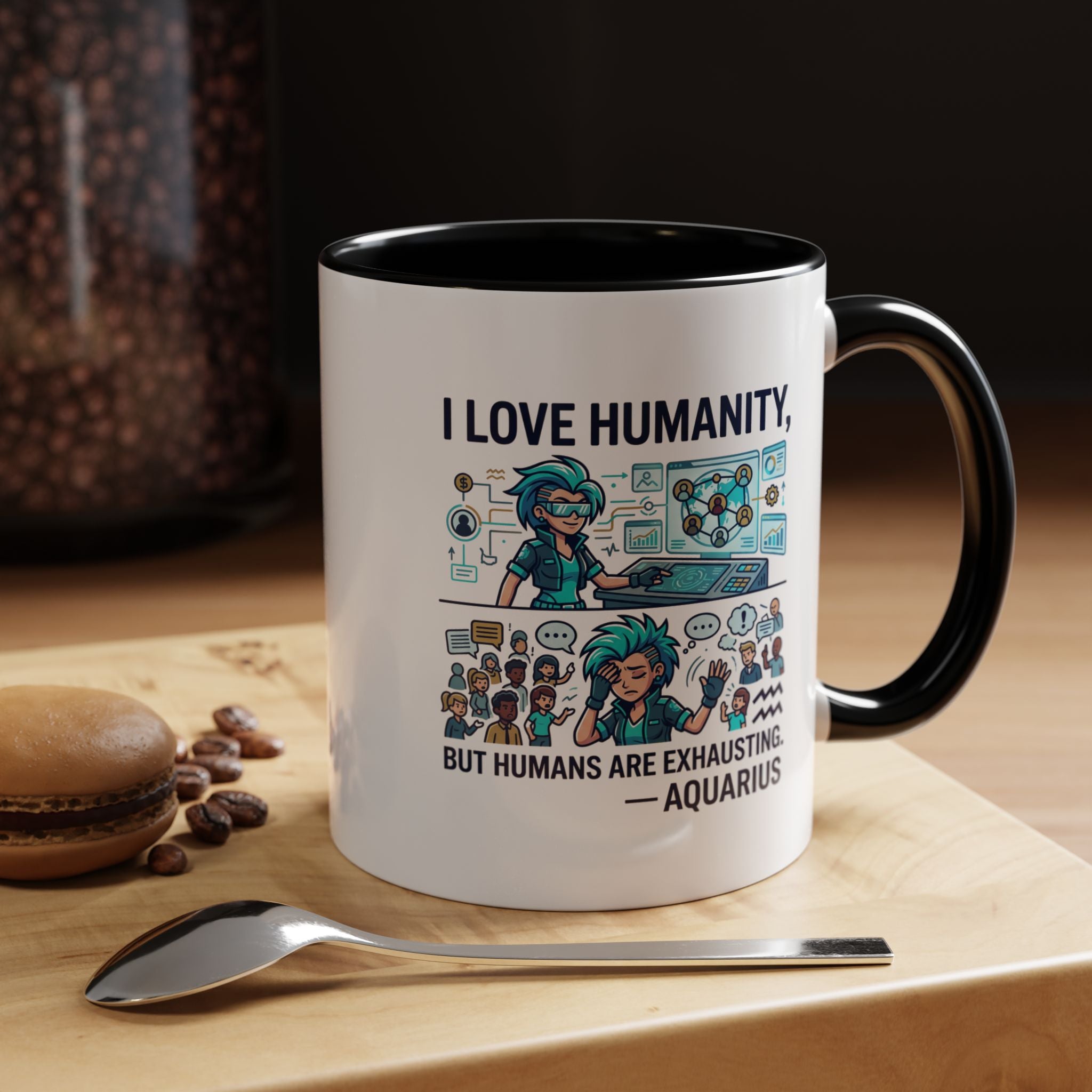 Aquarius Zodiac Coffee Mug — "I Love Humanity, But Humans Are Exhausting" Accent Mug