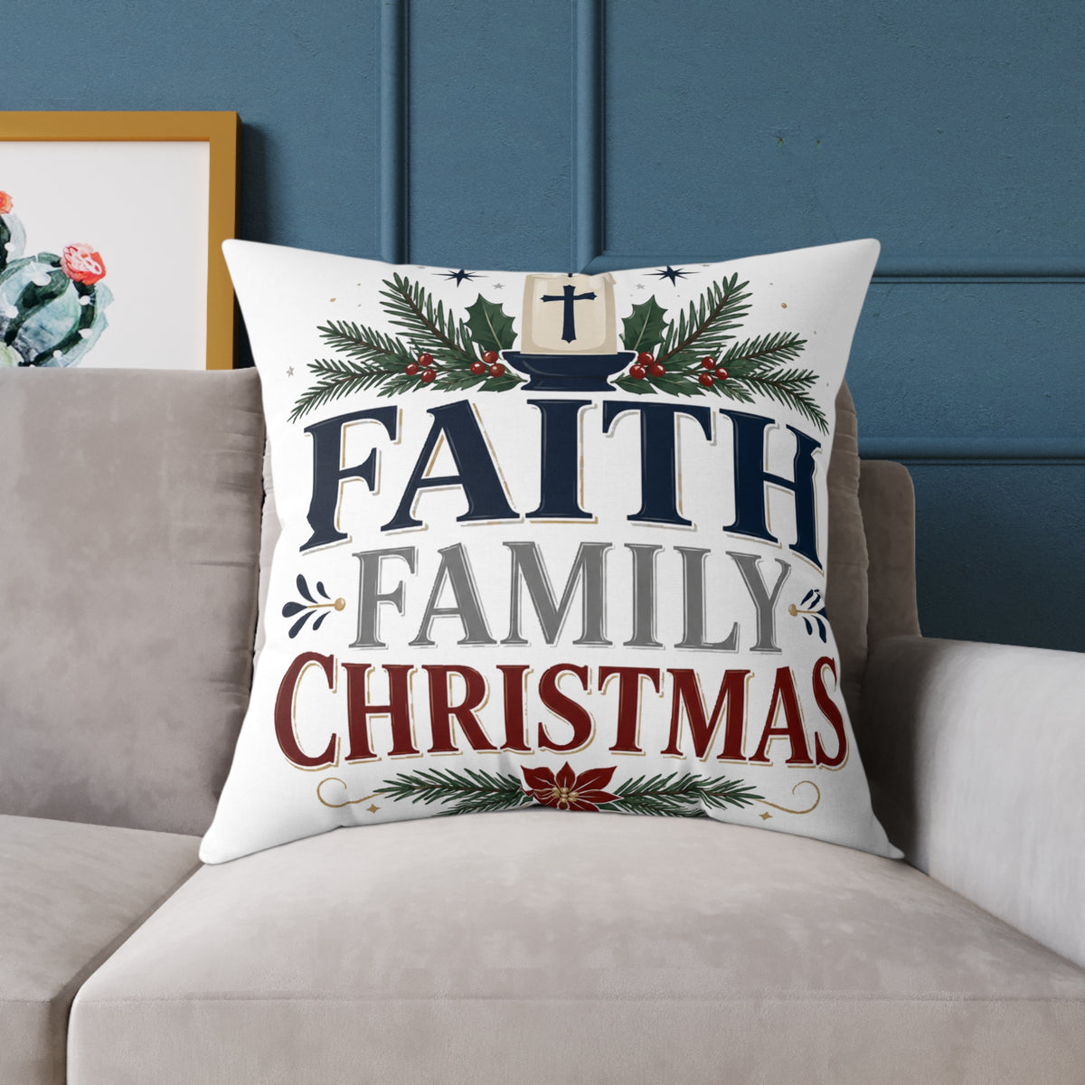 Christmas Pillow - 'Faith Family Christmas' Holiday Decorative Throw Pillow