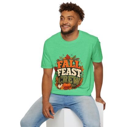 Fall Feast Crew T-Shirt — Thanksgiving Pumpkin & Leaves Graphic Tee