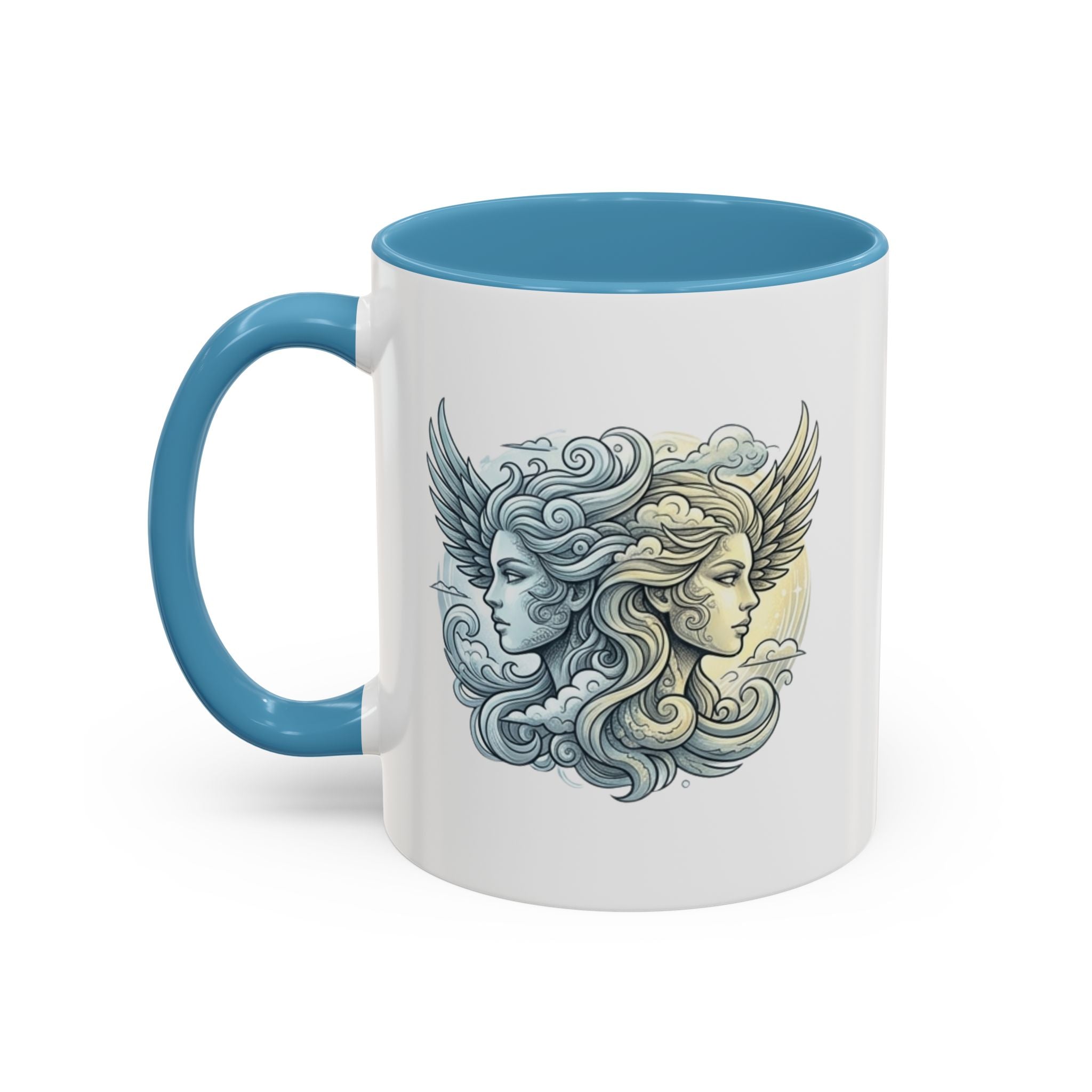 Gemini Twins Accent Coffee Mug — Sun & Moon Winged Faces Illustration