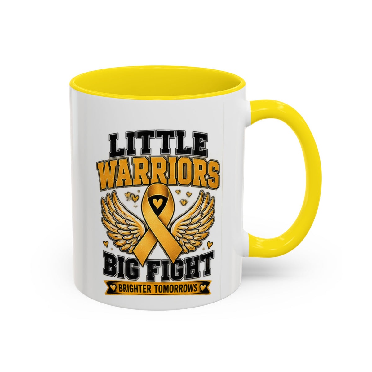 Little Warriors Big Fight Childhood Cancer Awareness Coffee Mug — Gold Ribbon Support Accent Mug