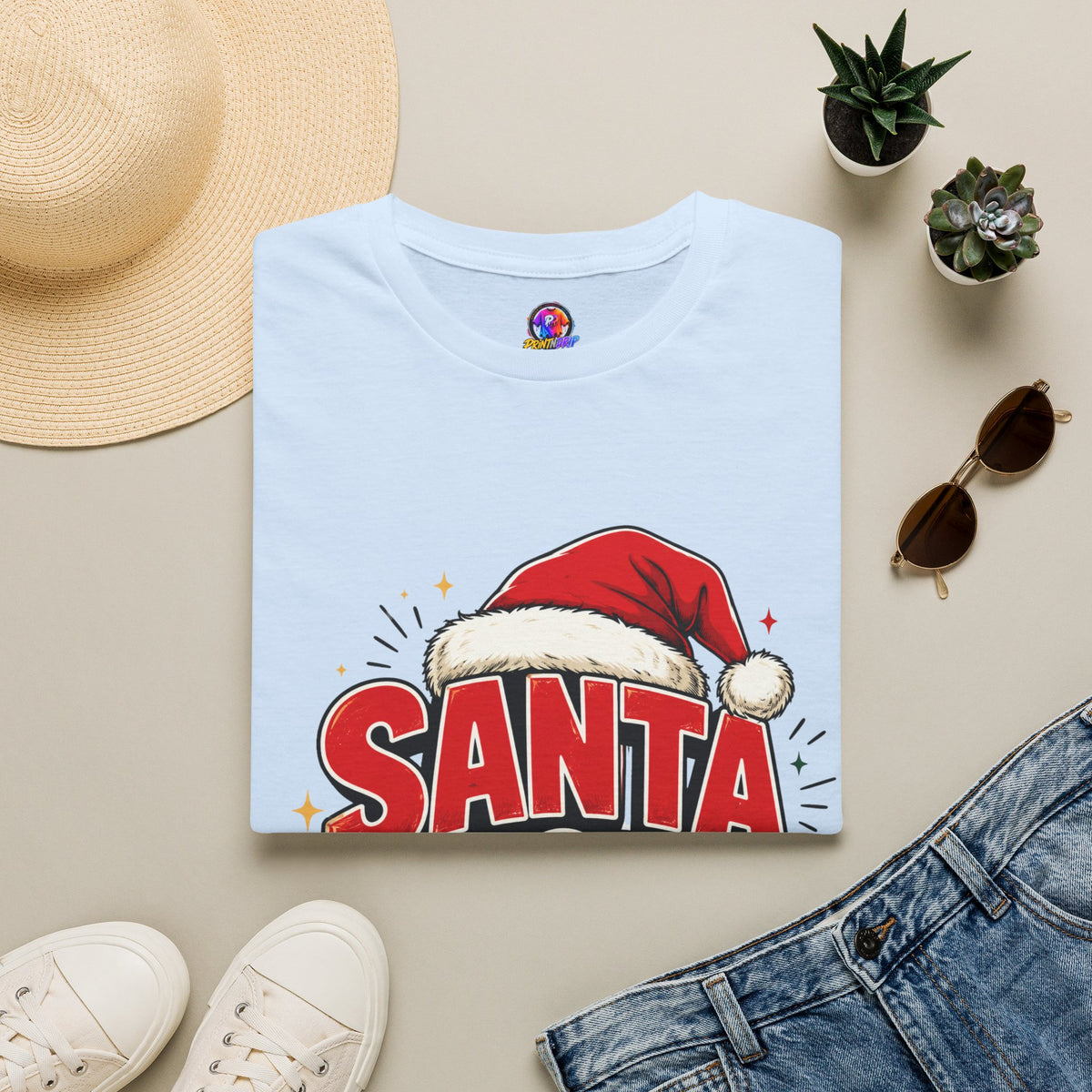 Santa Mode T-Shirt — Holiday Christmas Graphic Tee with Santa Hat