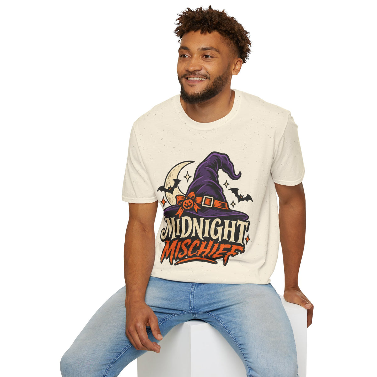 Midnight Mischief Halloween T-Shirt — Witch Hat & Bats Graphic