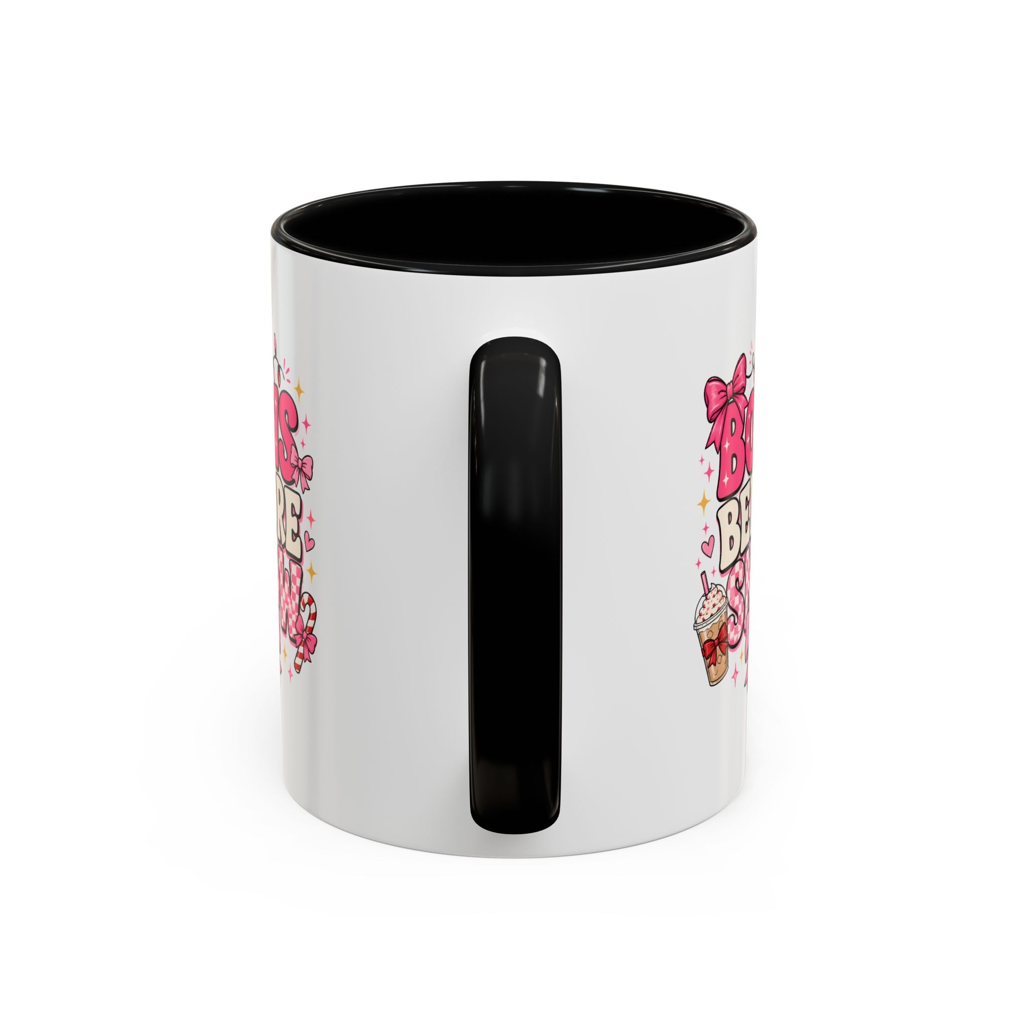 Modern Day Christmas Bows Before Snow Accent Coffee Mug — Cute Pink Holiday Hot Cocoa Design (11/15oz)