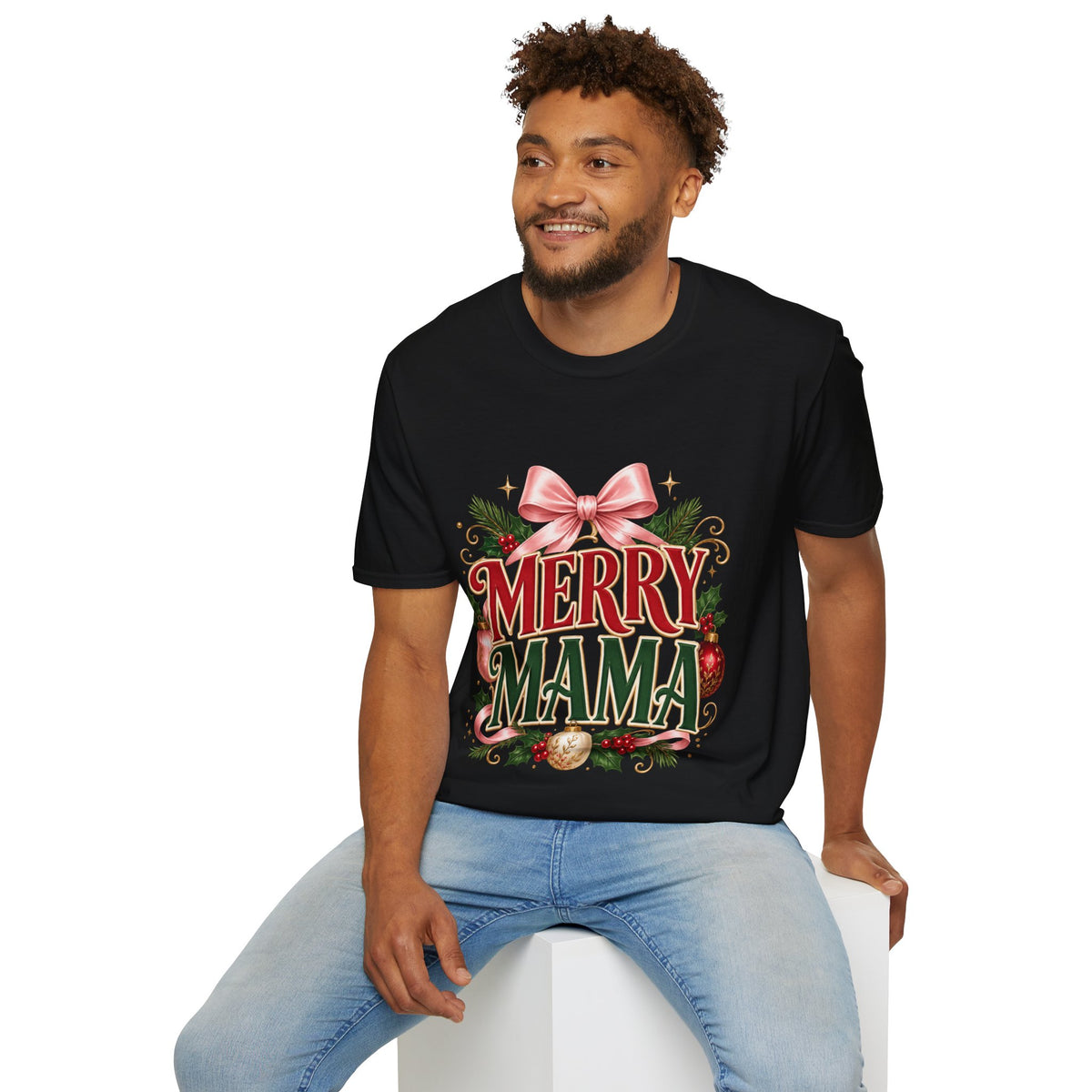 Merry Mama Christmas T-Shirt — Festive Bow & Holiday Greenery Tee