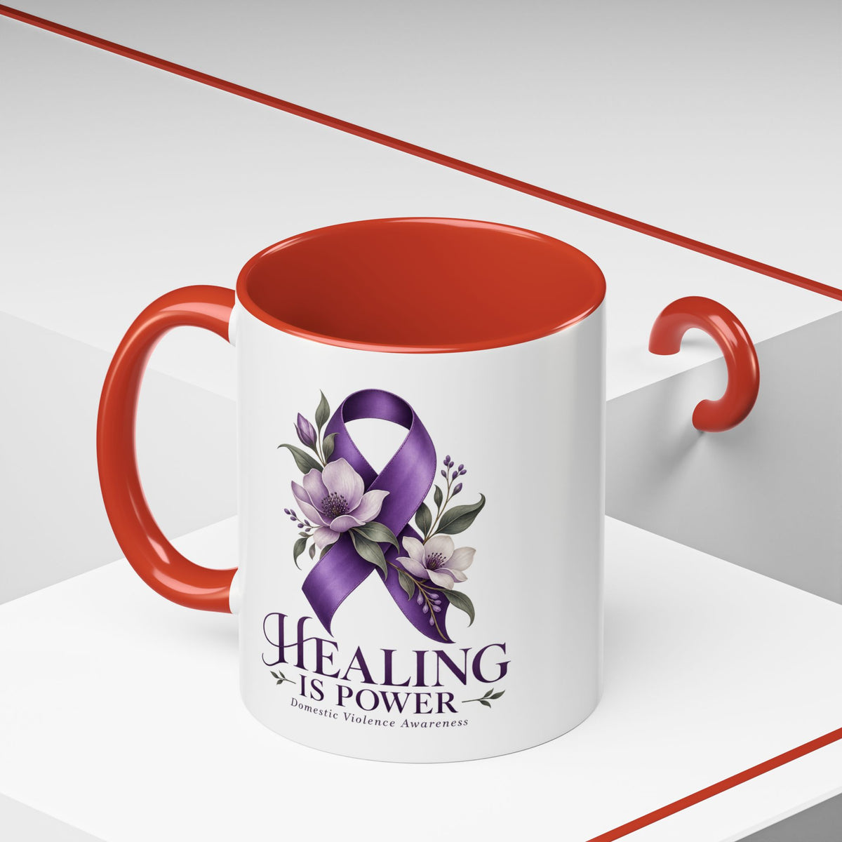 Healing Is Power Purple Ribbon Coffee Mug — Domestic Violence Awareness Accent Mug (11/15oz)