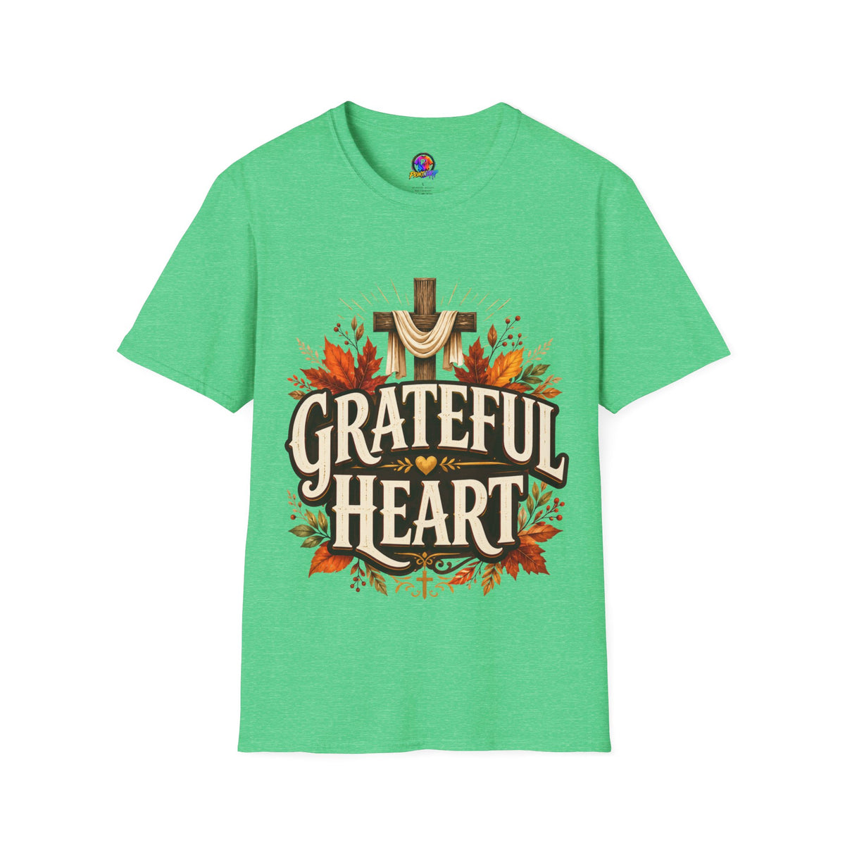 Thanksgiving T-Shirt Grateful Heart T-Shirt — Christian Cross & Autumn Leaves Thanksgiving Tee