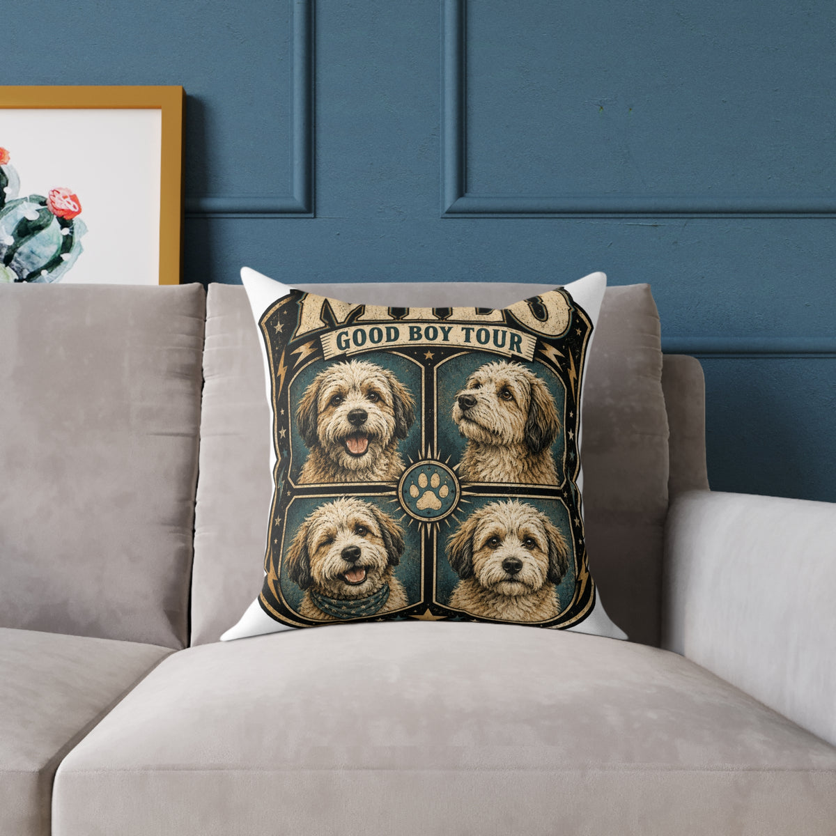 Dog Portrait Pillow - "Good Boy Tour" Vintage Puppy Square Throw Pillow  Milo Bailey Dog Dad Mom