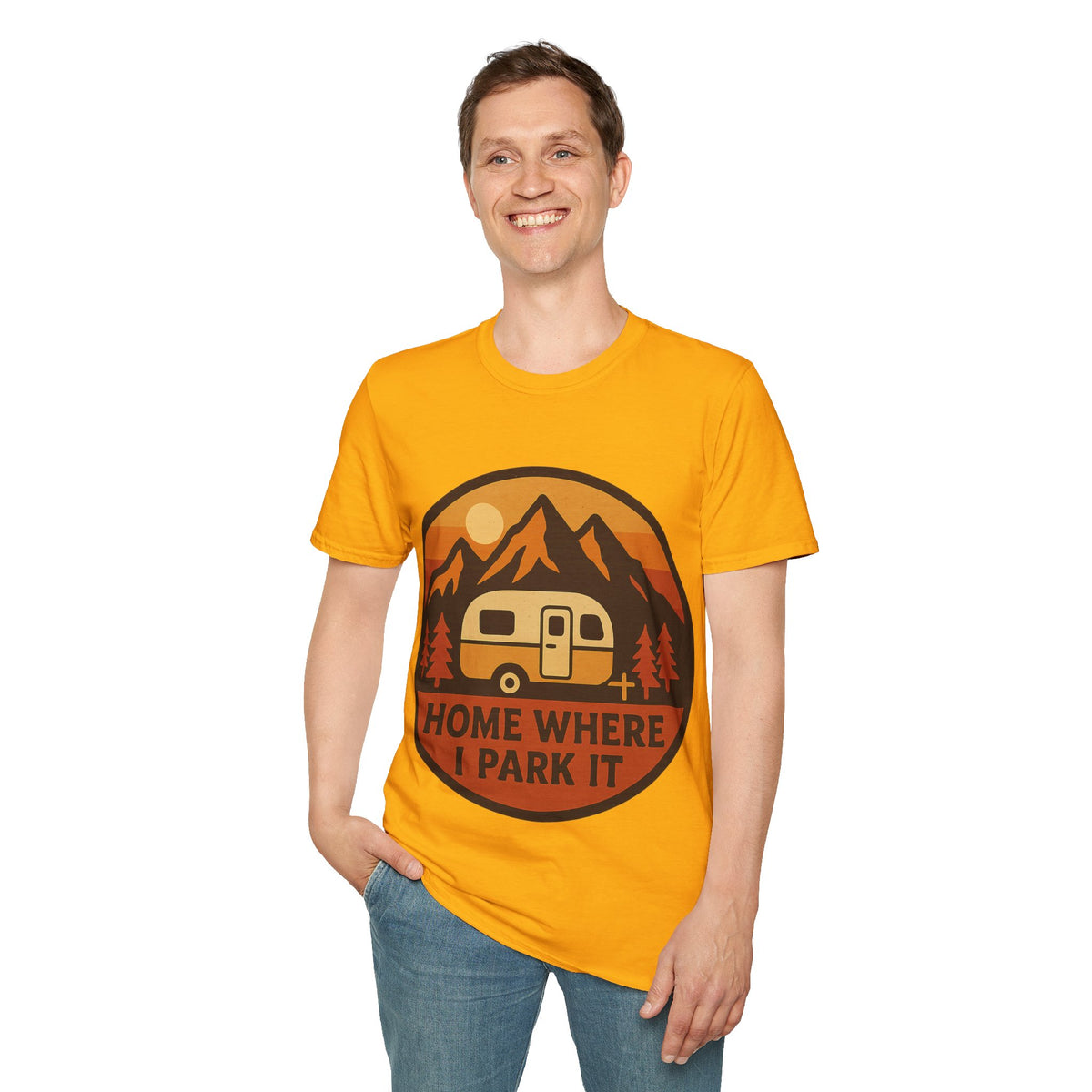 "Home Where I Park It" Vintage Camper Van Graphic Tee - Retro Sunset Mountain White T-Shirt - Trending Now - September 2026