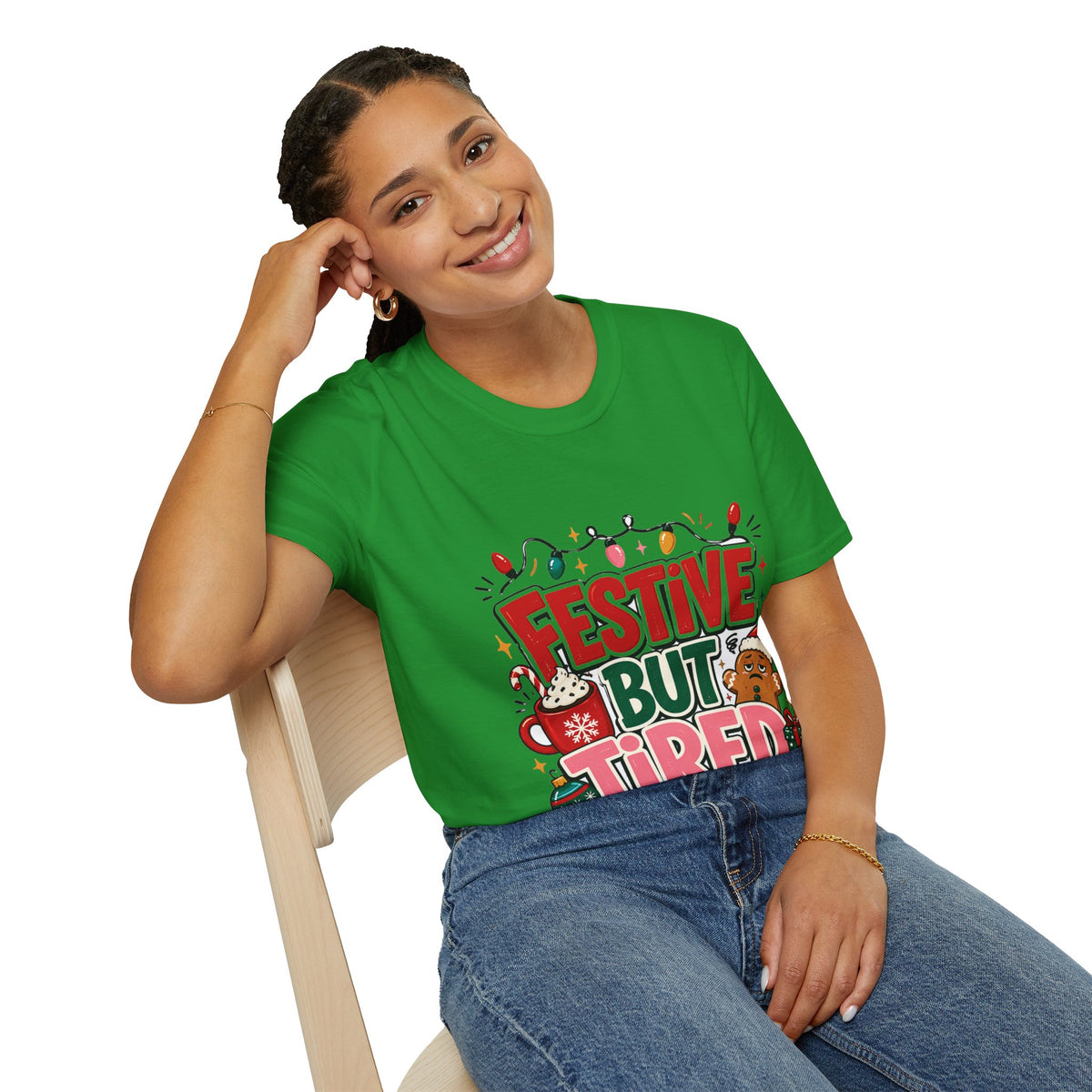 Festive But Tired T-Shirt — Holiday Christmas Crew Tee with Lights & Gingerbread