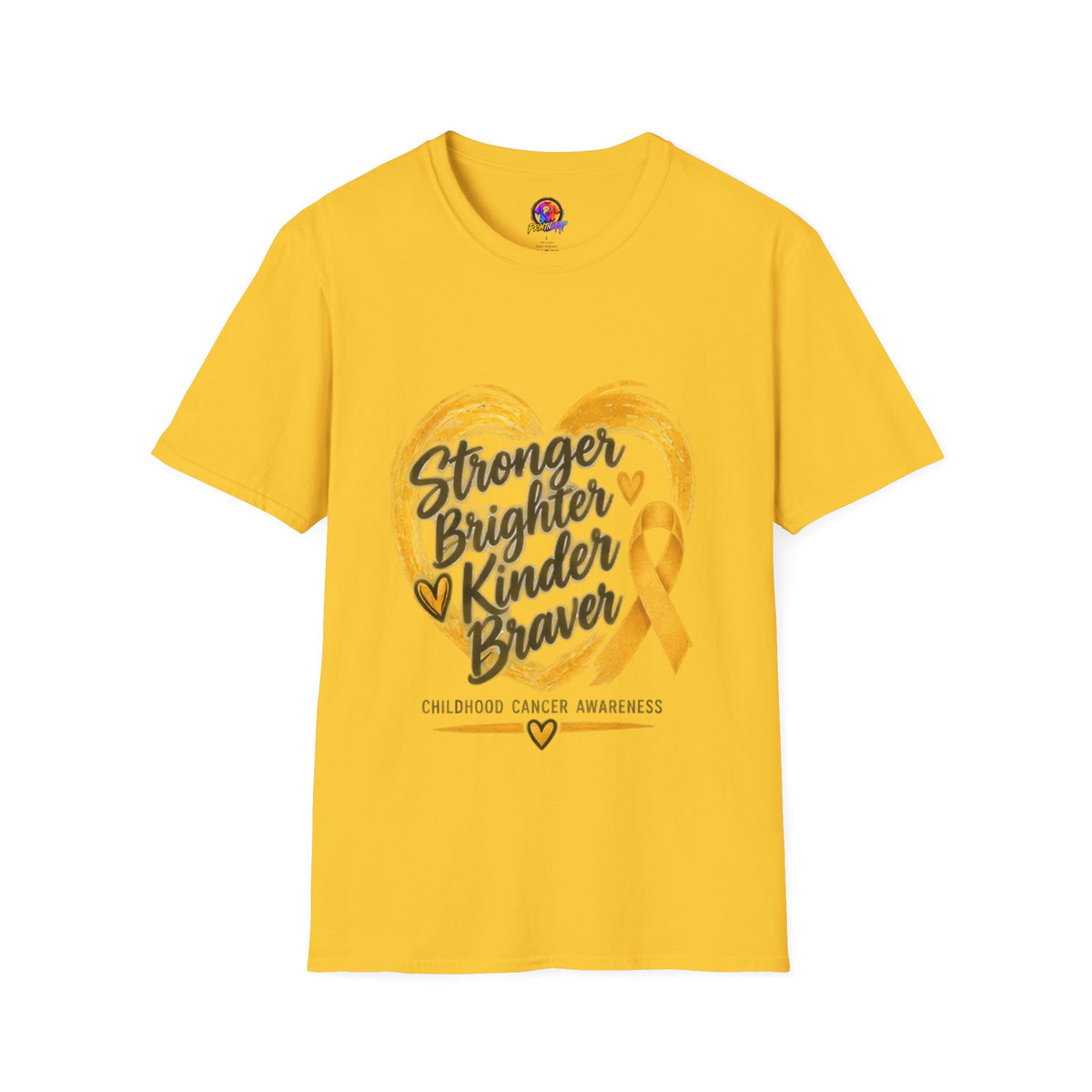 Childhood Cancer Awareness T-Shirt — "Stronger Brighter Kinder Braver" Gold Ribbon