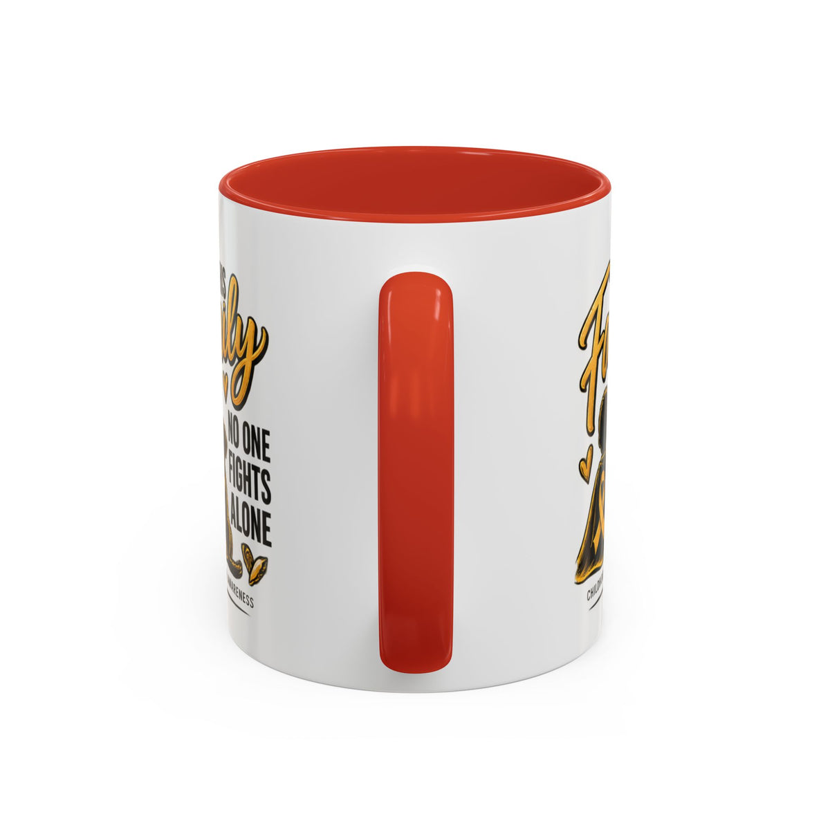 Childhood Cancer Awareness Coffee Mug — "In This Family No One Fights Alone"