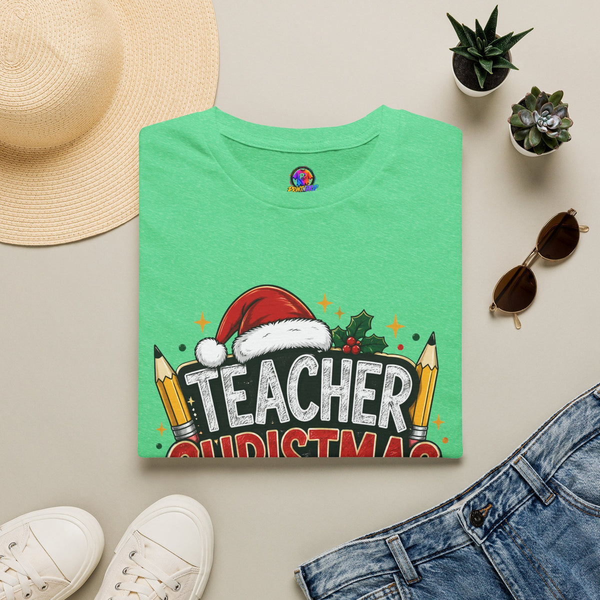 Teacher Christmas Crew T-Shirt — Holiday School Staff Tee with Santa Hat & Pencils