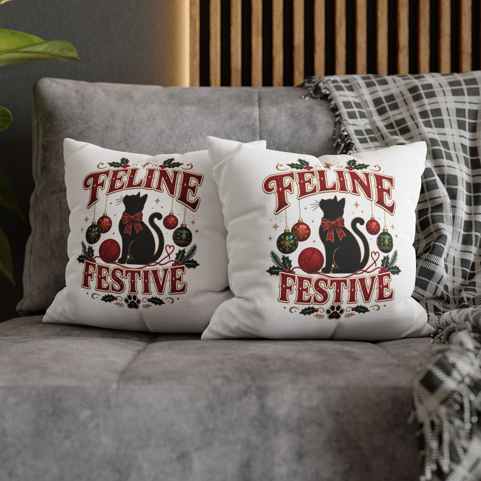 Feline Festive Christmas Pillowcase — Christmas Cat Decorative Throw Pillow Cover
