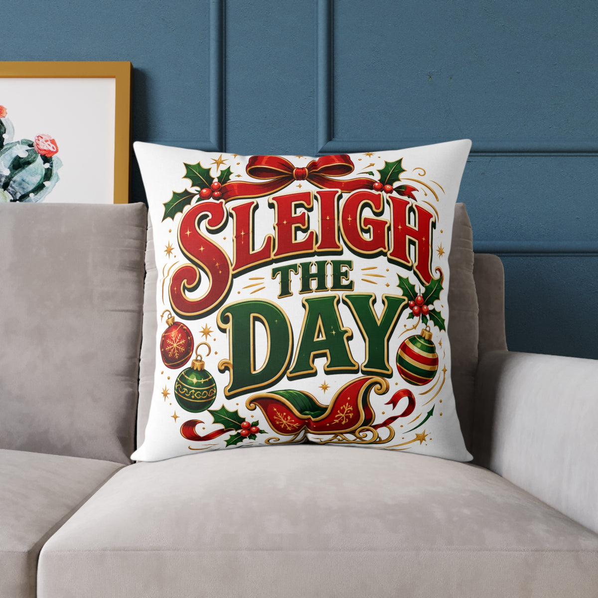 Christmas Pillow — "Sleigh the Day" Holiday Decorative Throw Pillow