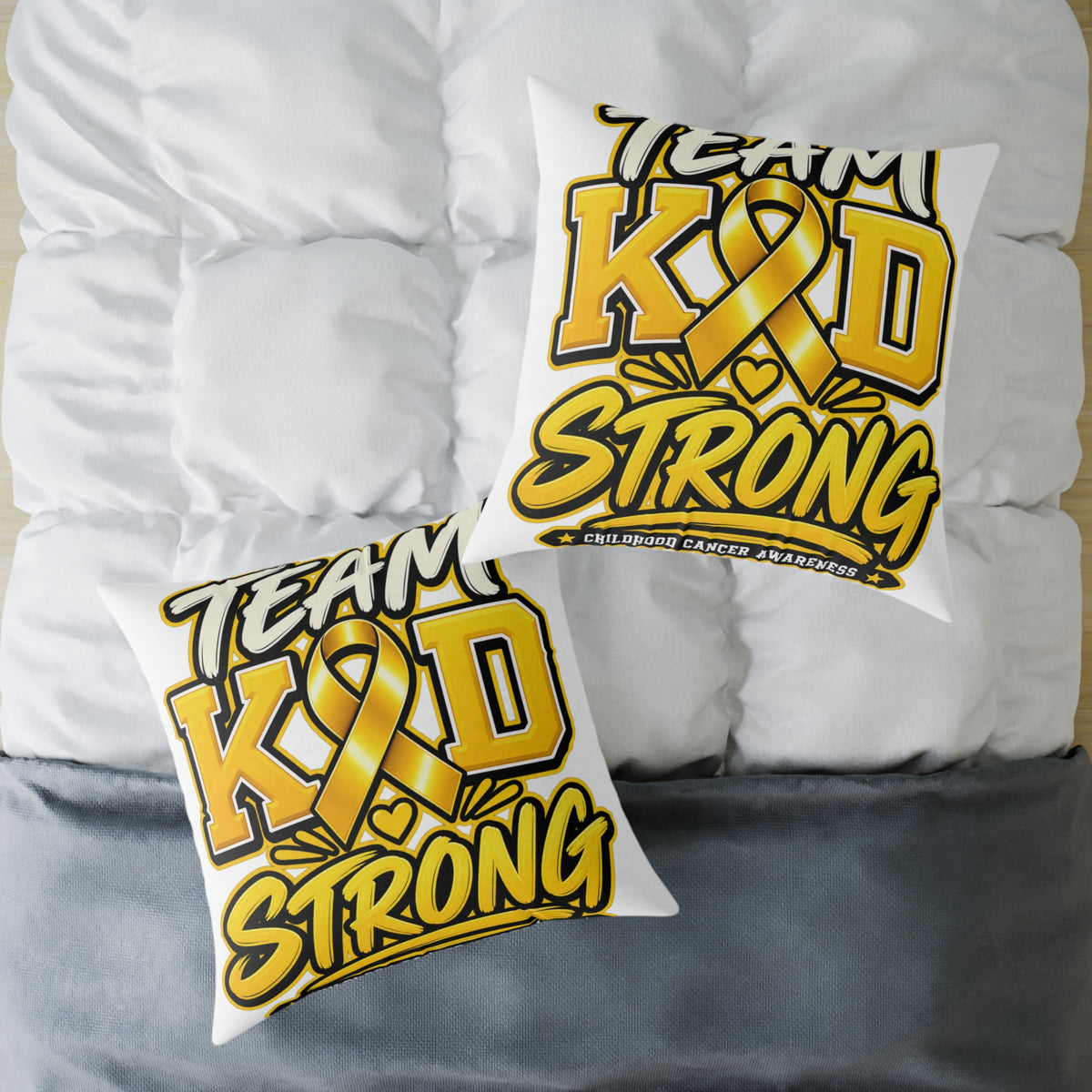 Team Kid Strong Square Throw Pillow — Childhood Cancer Awareness Ribbon Accent